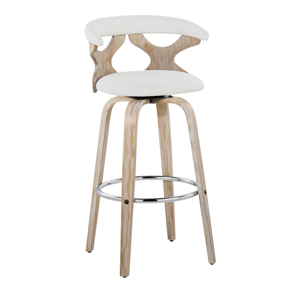 Gardenia 30" Fixed-Height Barstool - Set of 2 - Whitewashed Wood, Chrome Metal, Cream Fabric