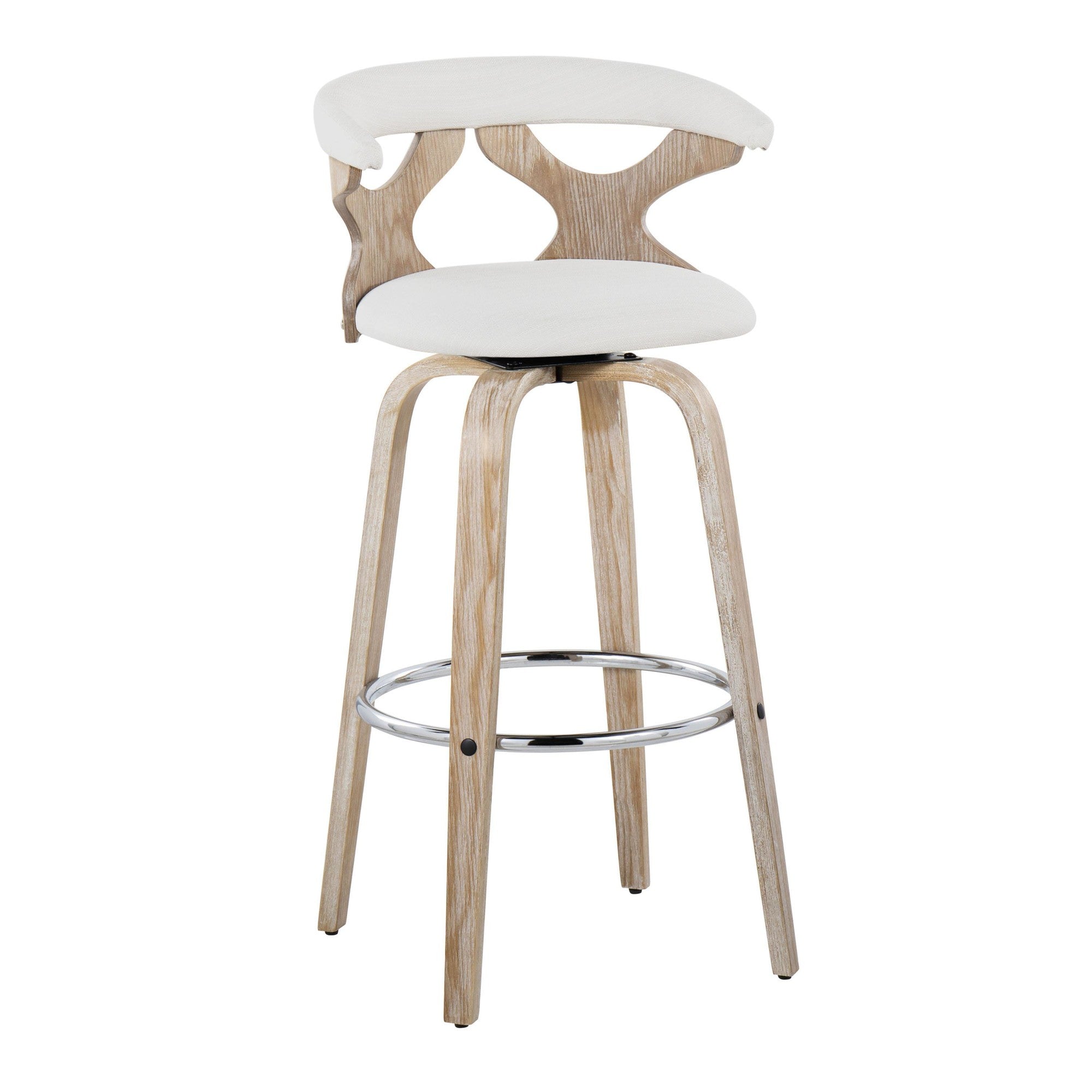 Gardenia 30" Fixed-Height Barstool - Set of 2 - Whitewashed Wood, Chrome Metal, Cream Fabric