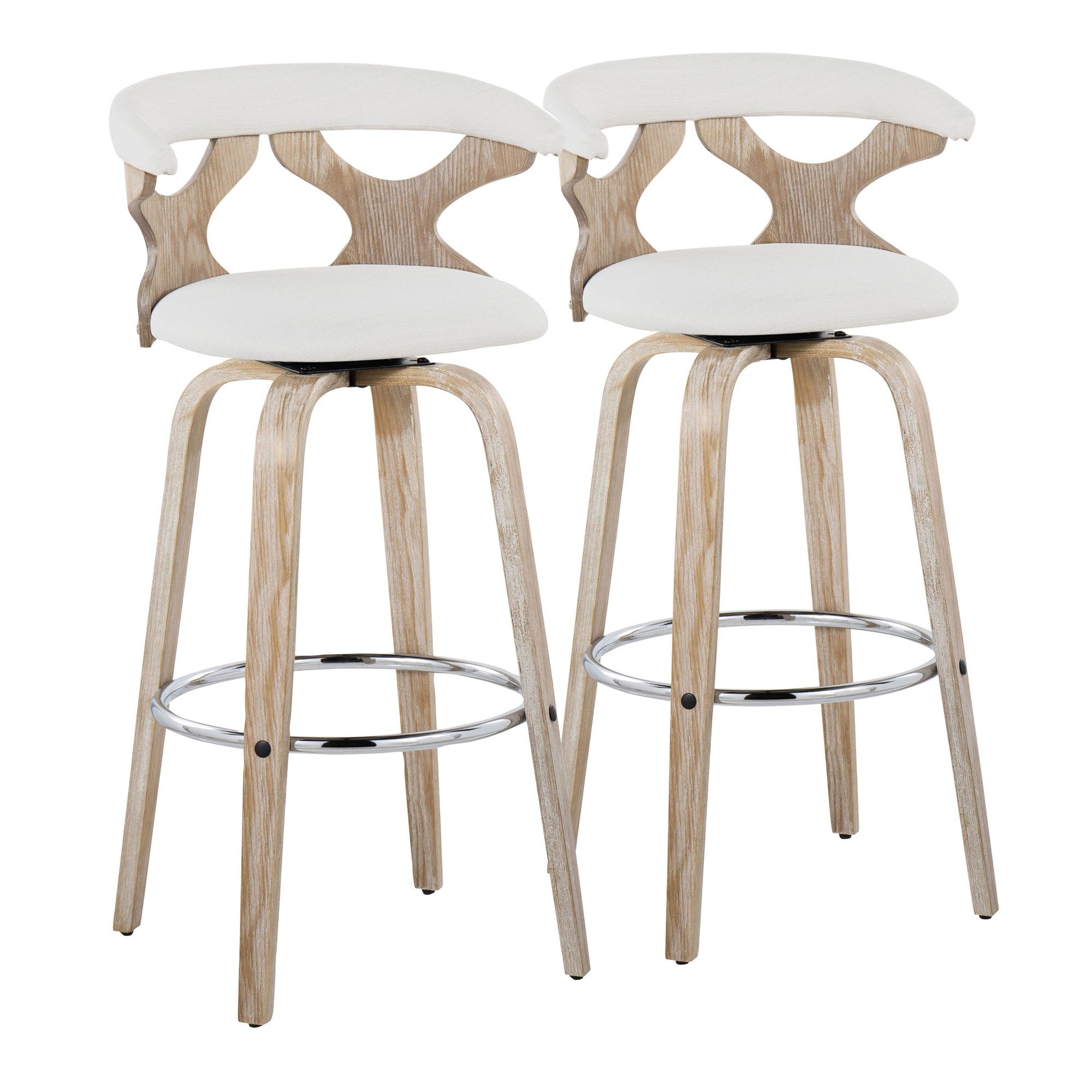 Gardenia 30" Fixed-Height Barstool - Set of 2 - Whitewashed Wood, Chrome Metal, Cream Fabric