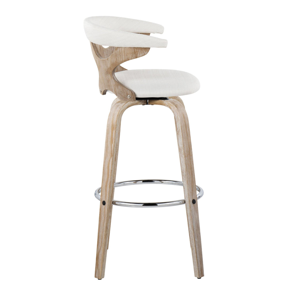 Gardenia 30" Fixed-Height Barstool - Set of 2 - Whitewashed Wood, Chrome Metal, Cream Fabric