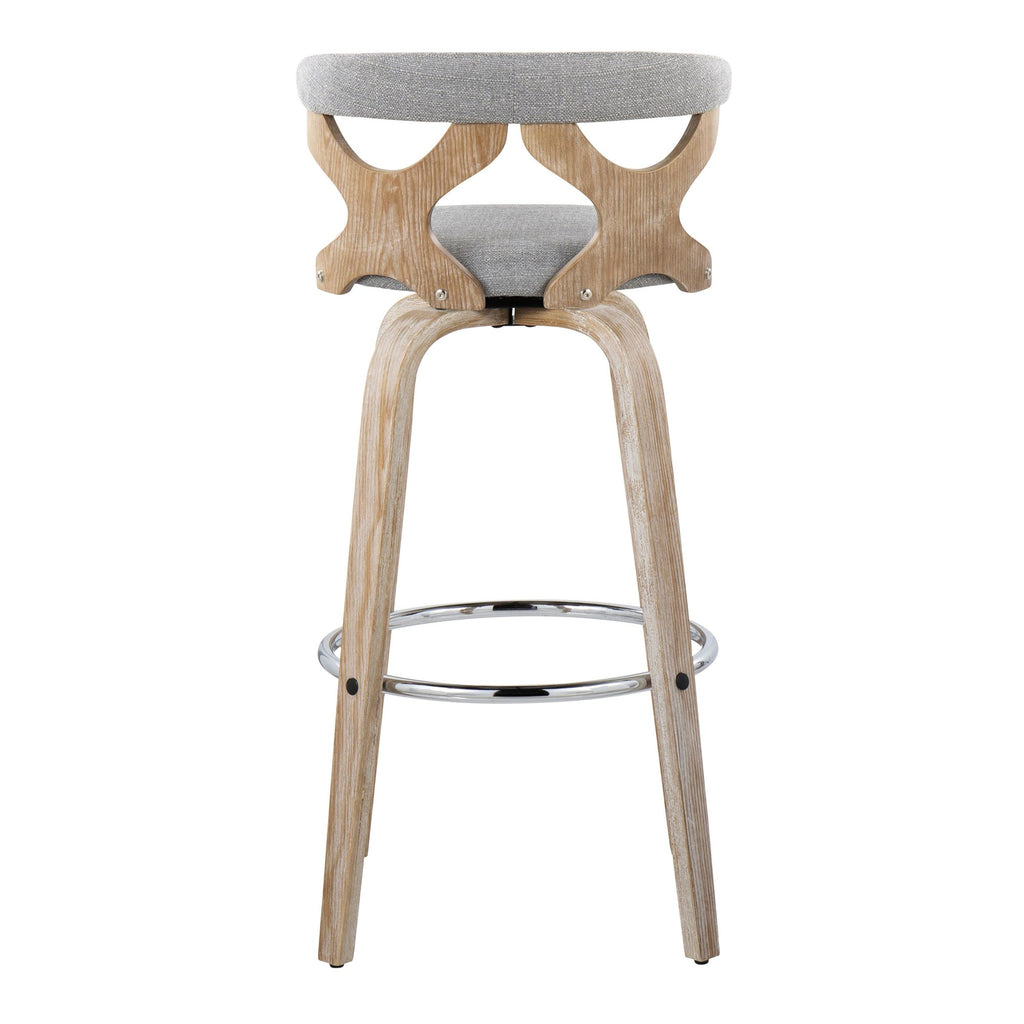 Gardenia 30" Fixed-Height Barstool - Set of 2 - Whitewashed Wood, Chrome Metal, Light Grey Fabric