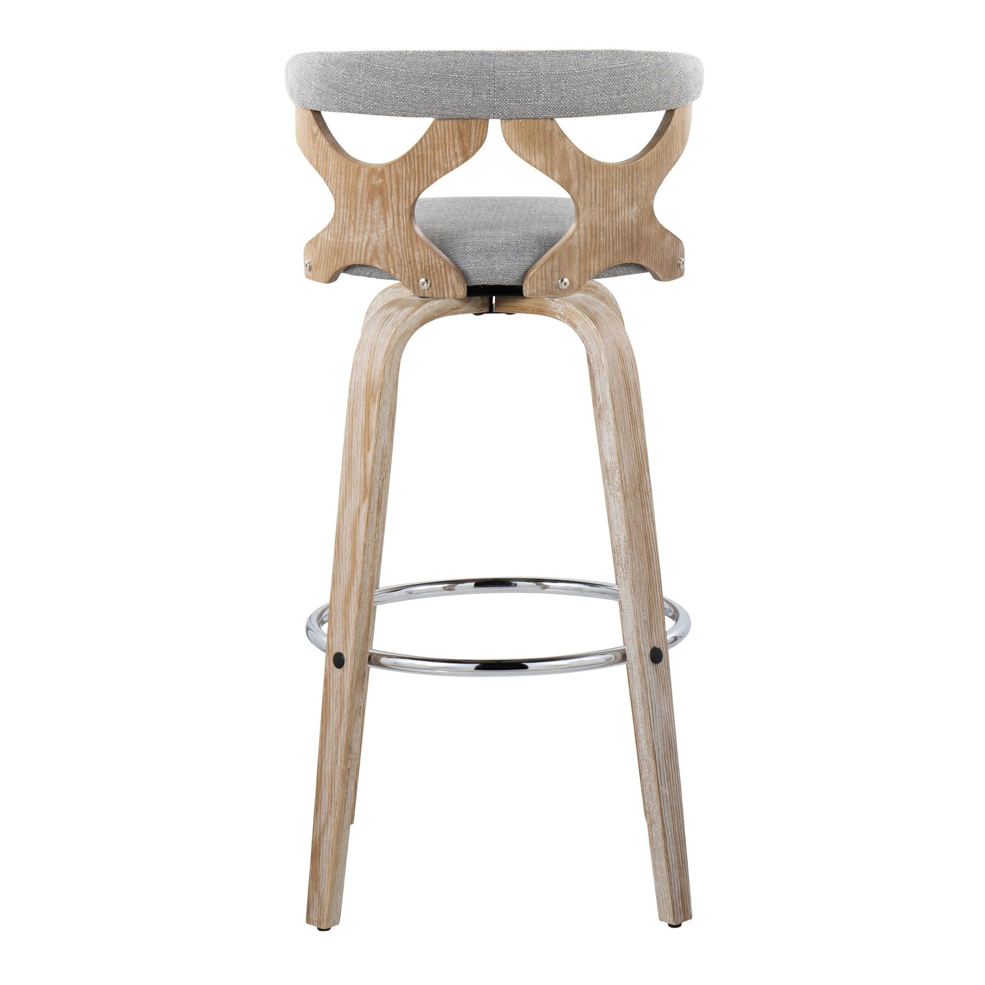 Gardenia 30" Fixed-Height Barstool - Set of 2 - Whitewashed Wood, Chrome Metal, Light Grey Fabric