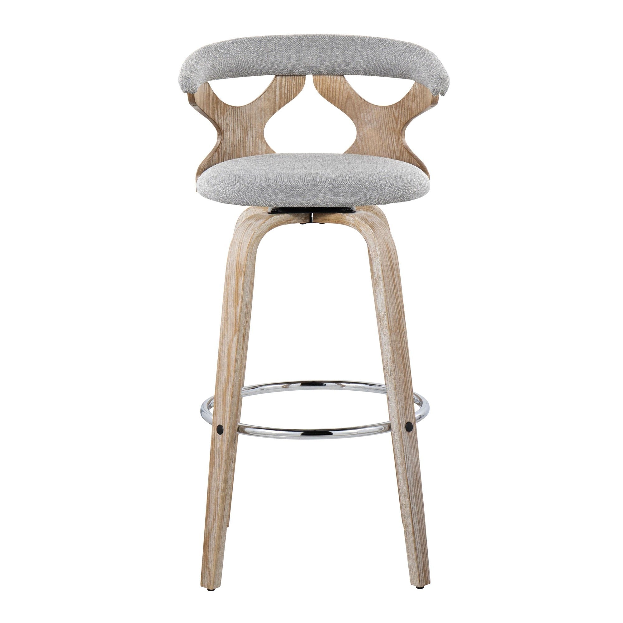 Gardenia 30" Fixed-Height Barstool - Set of 2 - Whitewashed Wood, Chrome Metal, Light Grey Fabric