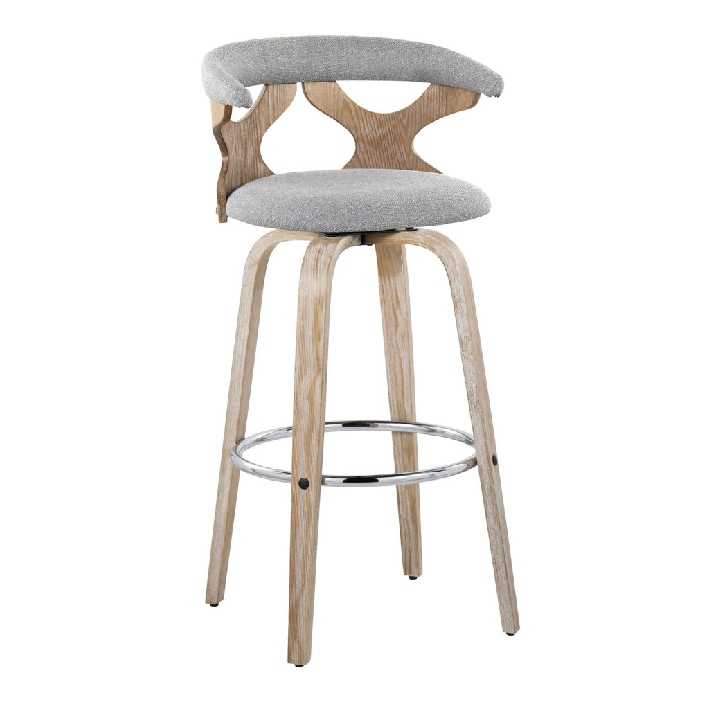 Gardenia 30" Fixed-Height Barstool - Set of 2 - Whitewashed Wood, Chrome Metal, Light Grey Fabric