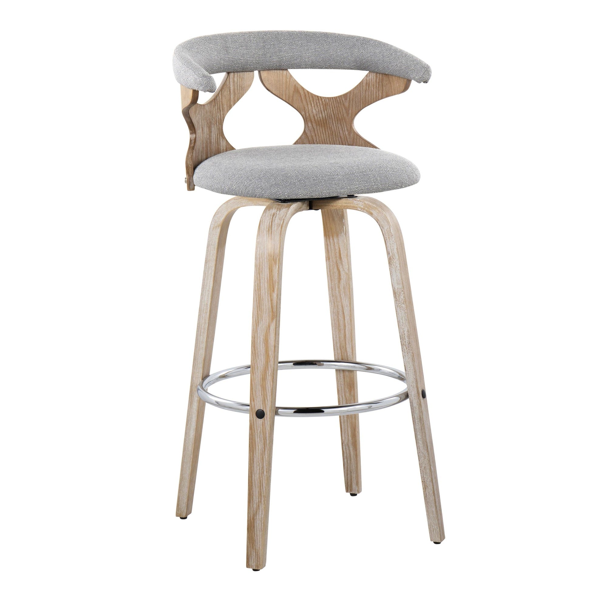 Gardenia 30" Fixed-Height Barstool - Set of 2 - Whitewashed Wood, Chrome Metal, Light Grey Fabric