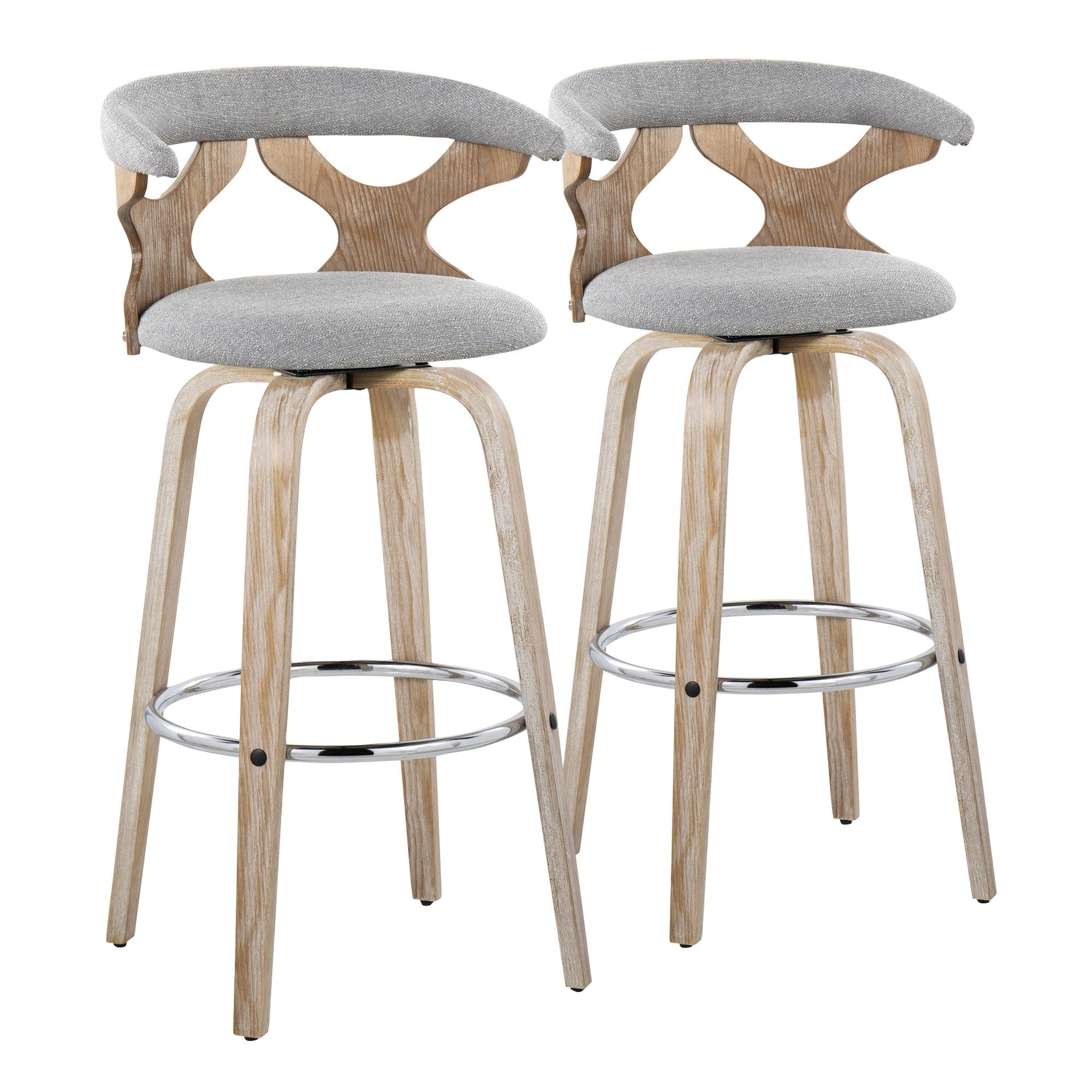 Gardenia 30" Fixed-Height Barstool - Set of 2 - Whitewashed Wood, Chrome Metal, Light Grey Fabric