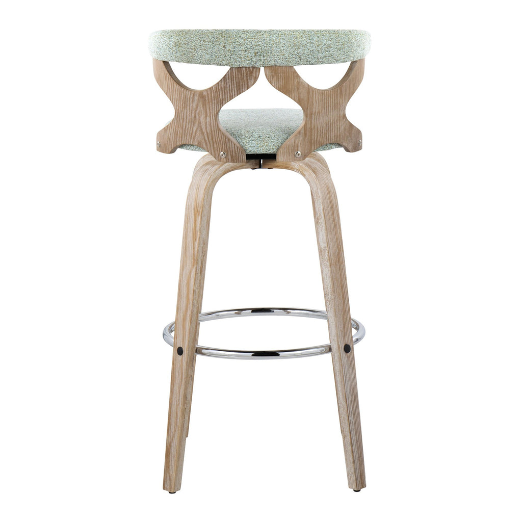 Gardenia 30" Fixed-Height Barstool - Set of 2 - Whitewashed Wood, Chrome Metal, Seafoam Green Fabric