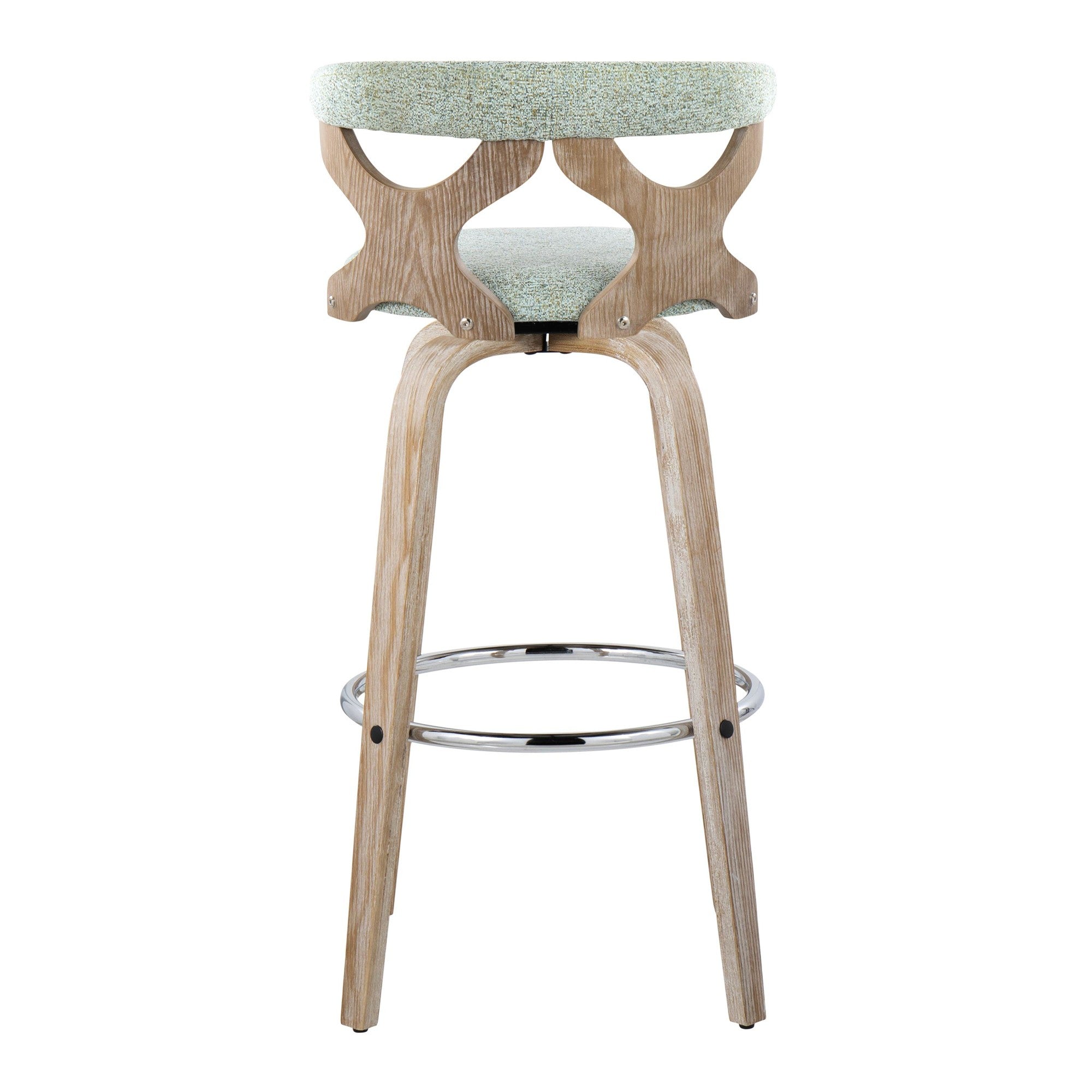 Gardenia 30" Fixed-Height Barstool - Set of 2 - Whitewashed Wood, Chrome Metal, Seafoam Green Fabric