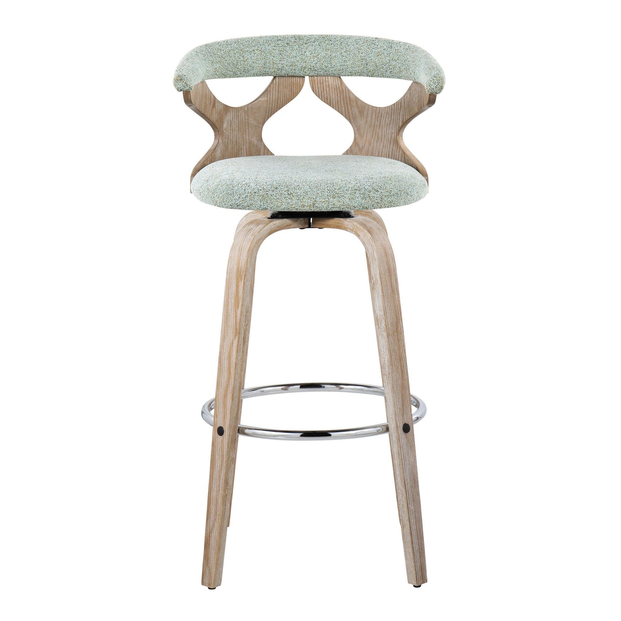 Gardenia 30" Fixed-Height Barstool - Set of 2 - Whitewashed Wood, Chrome Metal, Seafoam Green Fabric