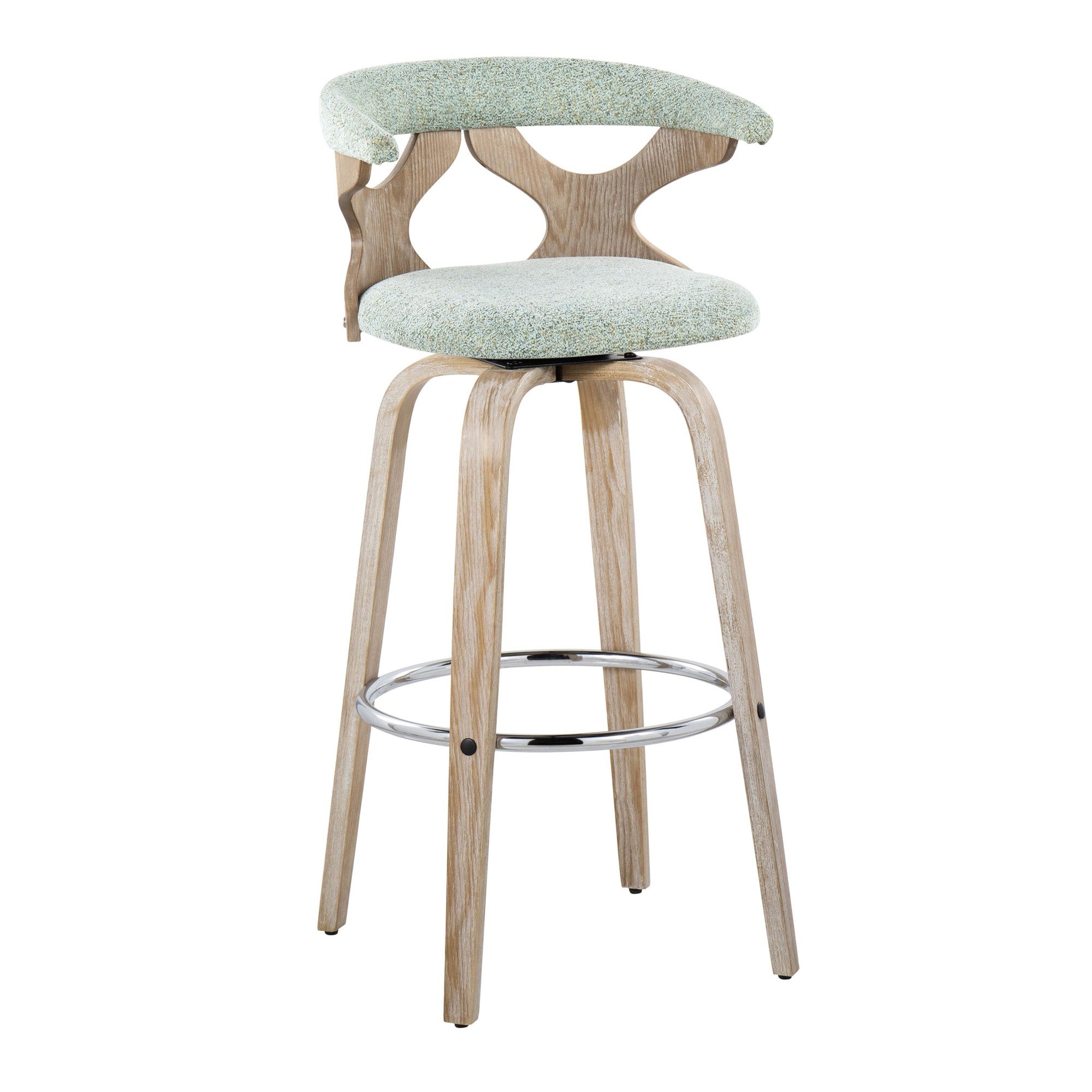 Gardenia 30" Fixed-Height Barstool - Set of 2 - Whitewashed Wood, Chrome Metal, Seafoam Green Fabric