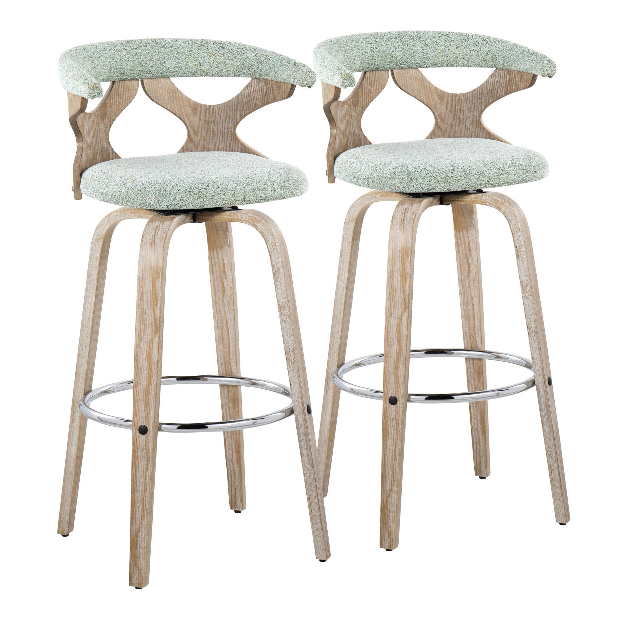 Gardenia 30" Fixed-Height Barstool - Set of 2 - Whitewashed Wood, Chrome Metal, Seafoam Green Fabric