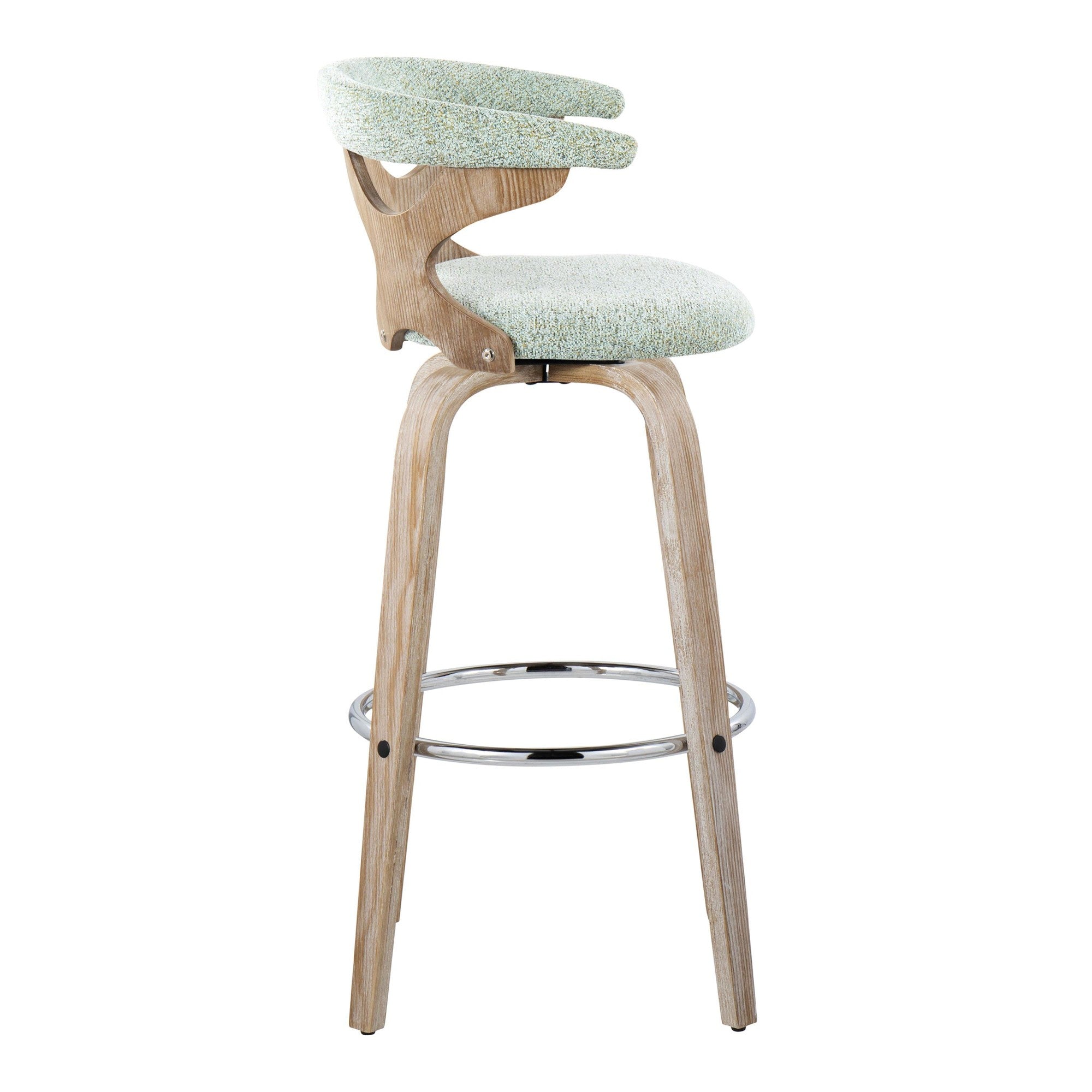 Gardenia 30" Fixed-Height Barstool - Set of 2 - Whitewashed Wood, Chrome Metal, Seafoam Green Fabric