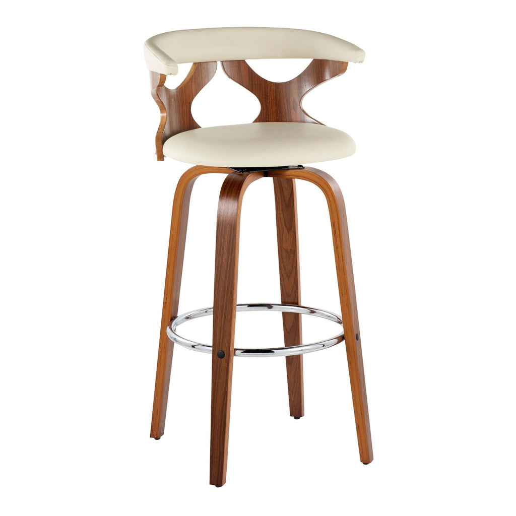 Gardenia 30" Fixed-Height Barstool - Set of 2 - Walnut Wood, Cream PU, Chrome Metal