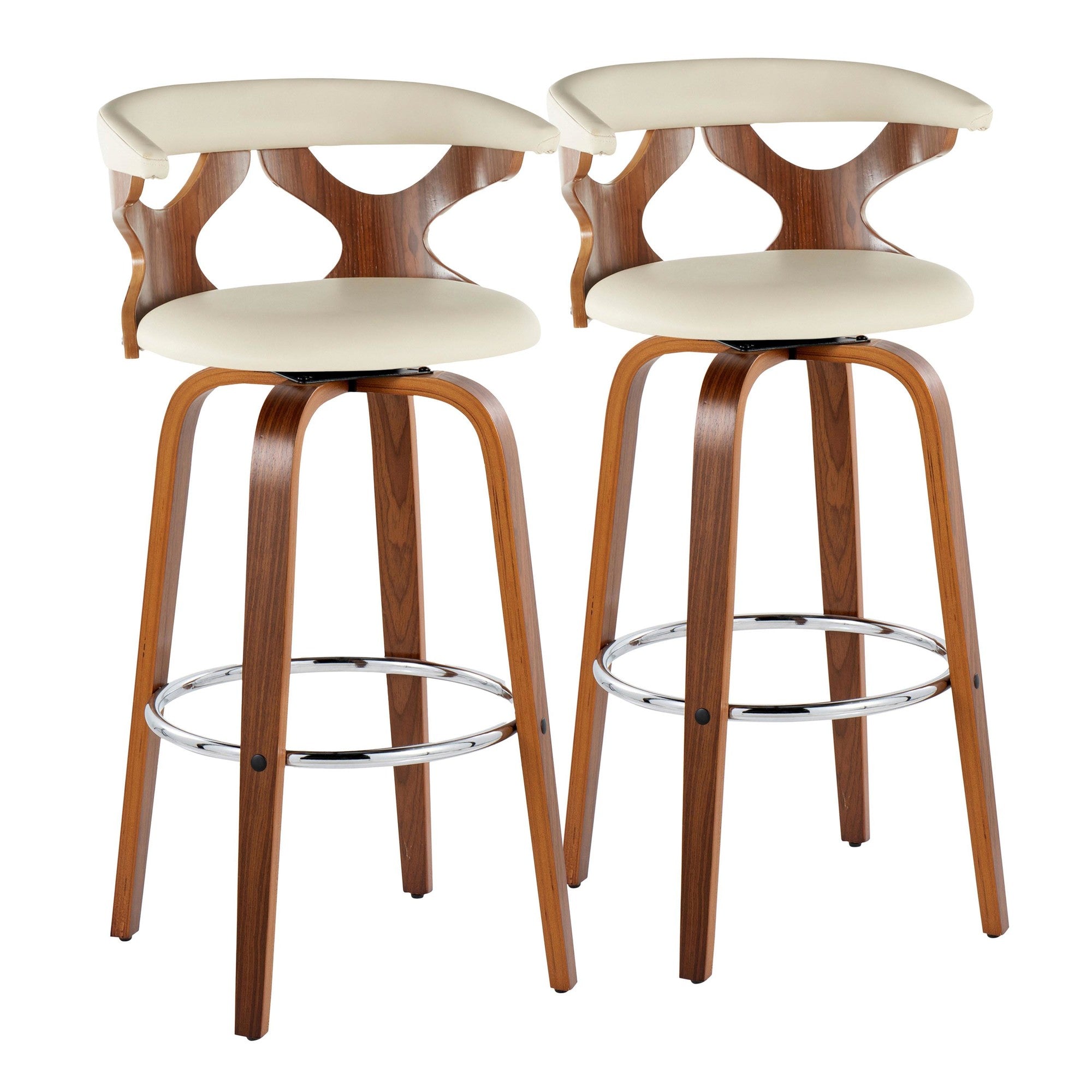 Gardenia 30" Fixed-Height Barstool - Set of 2 - Walnut Wood, Cream PU, Chrome Metal