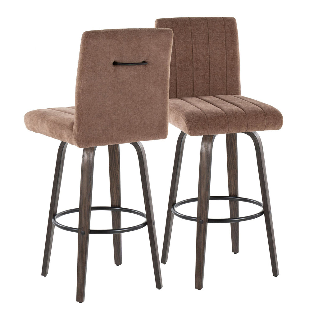 Hank 30" Fixed-Height Barstool - Set of 2 - Walnut Glazed Wood, Brown Fabric, Black Metal