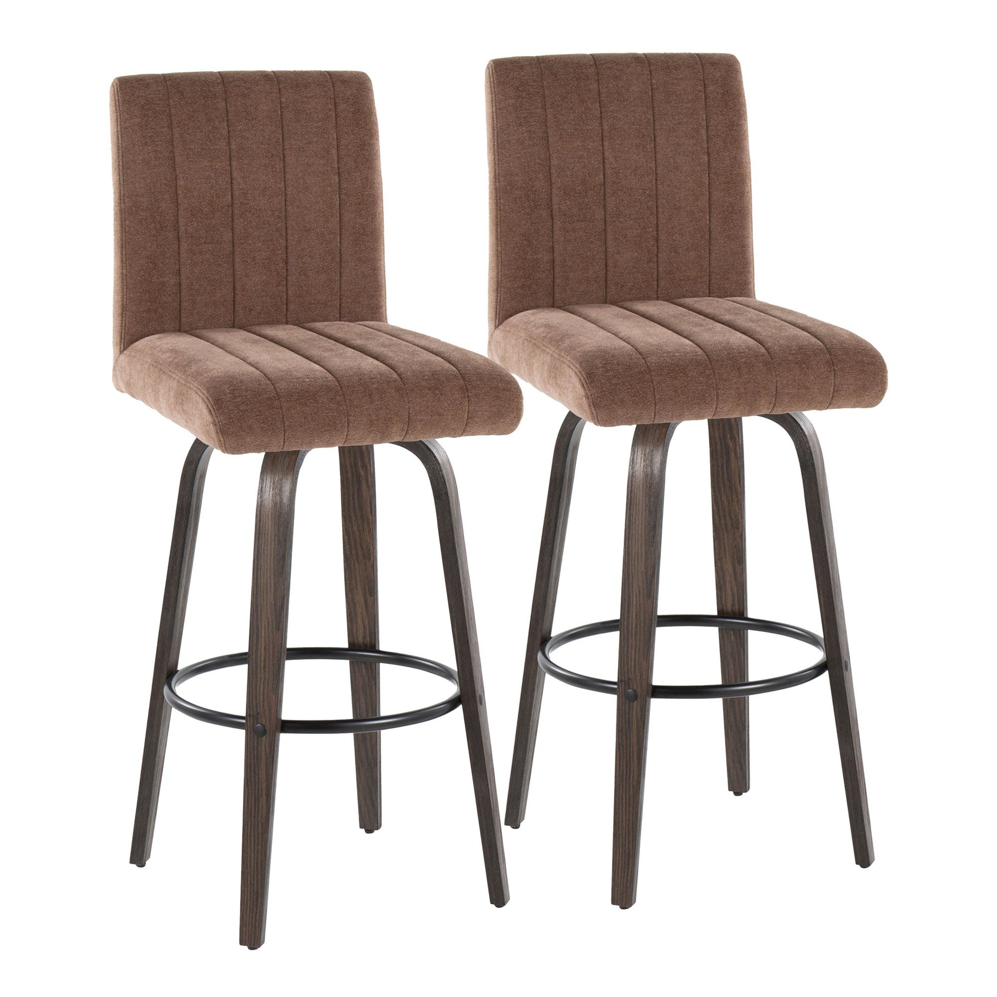 Hank 30" Fixed-Height Barstool - Set of 2 - Walnut Glazed Wood, Brown Fabric, Black Metal