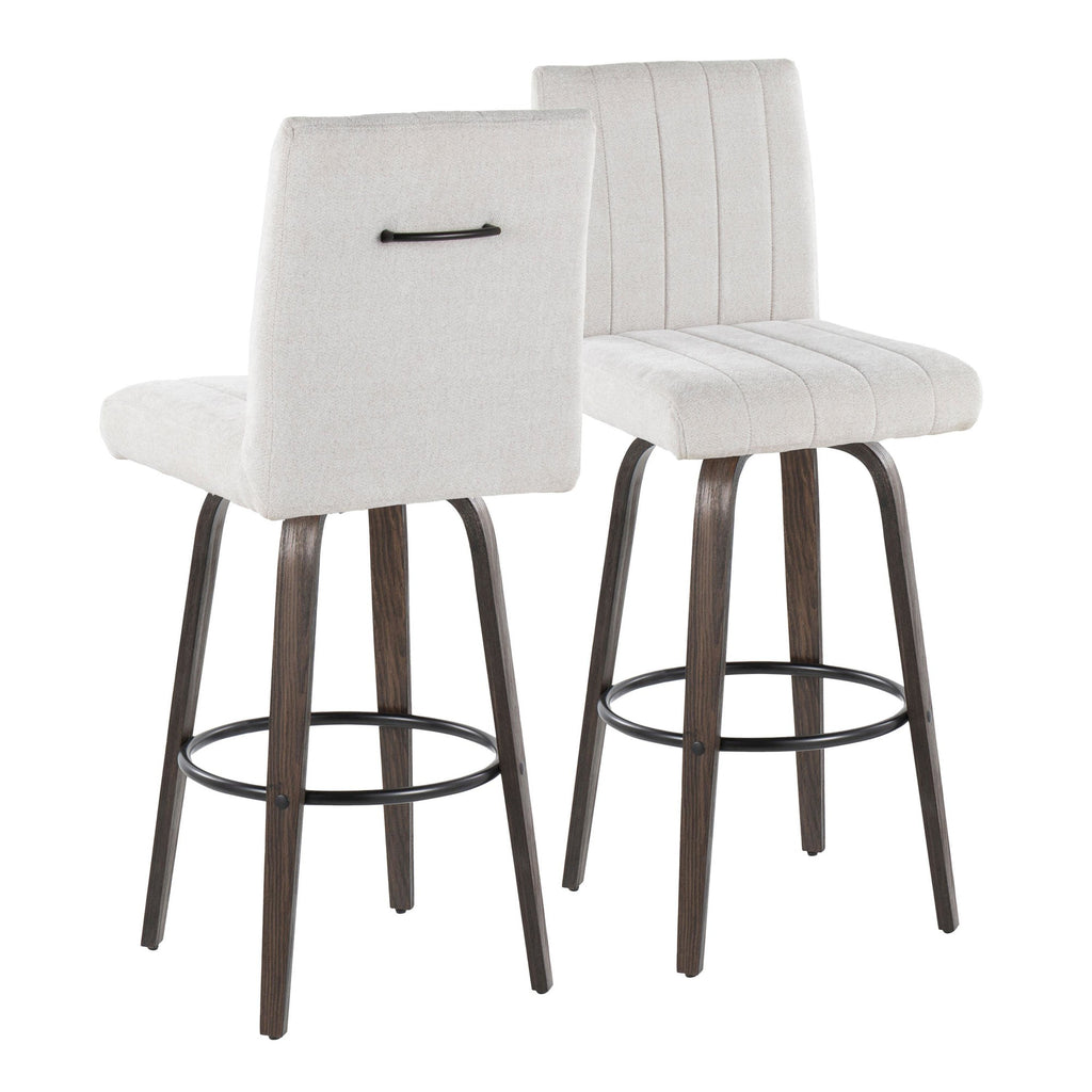 Hank 30" Fixed-Height Barstool - Set of 2 - Walnut Glazed Wood, Light Grey Fabric, Black Metal
