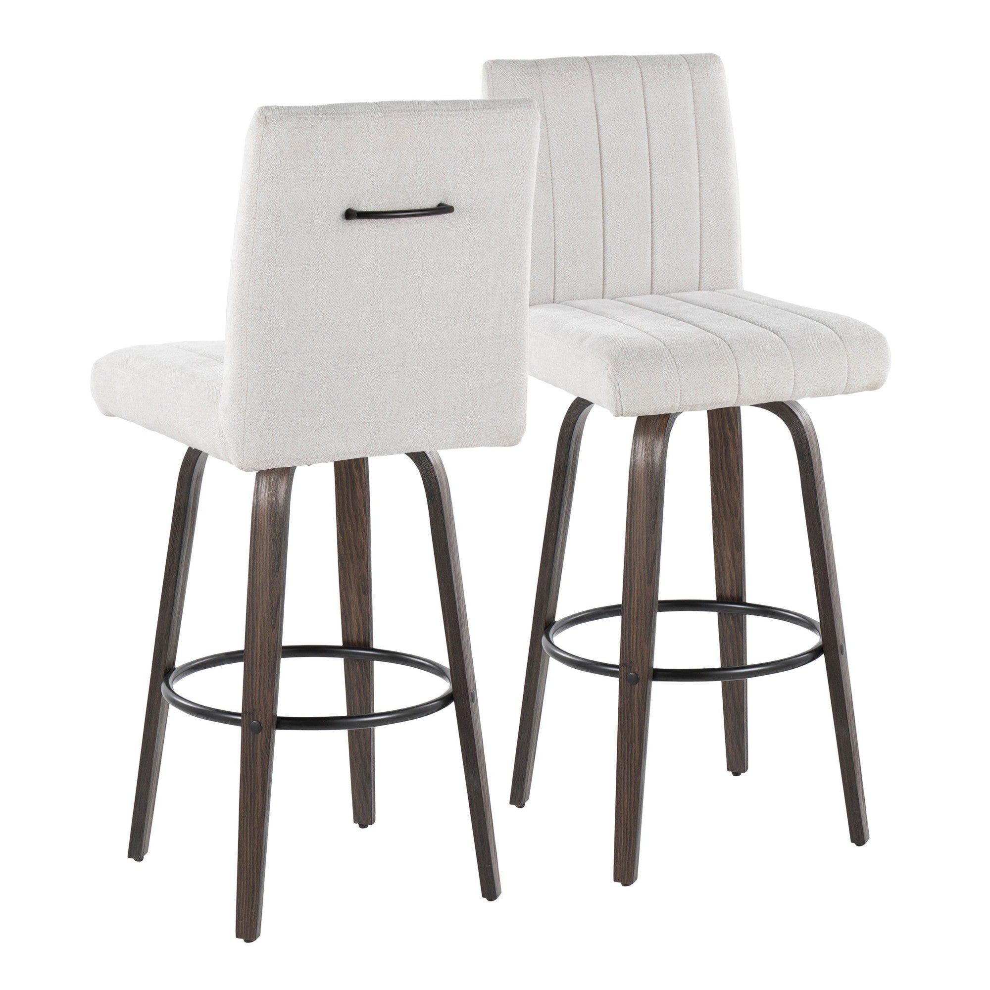 Hank 30" Fixed-Height Barstool - Set of 2 - Walnut Glazed Wood, Light Grey Fabric, Black Metal