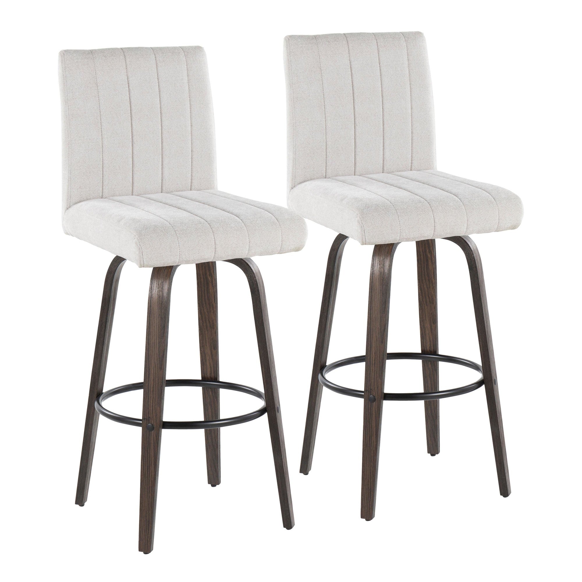 Hank 30" Fixed-Height Barstool - Set of 2 - Walnut Glazed Wood, Light Grey Fabric, Black Metal