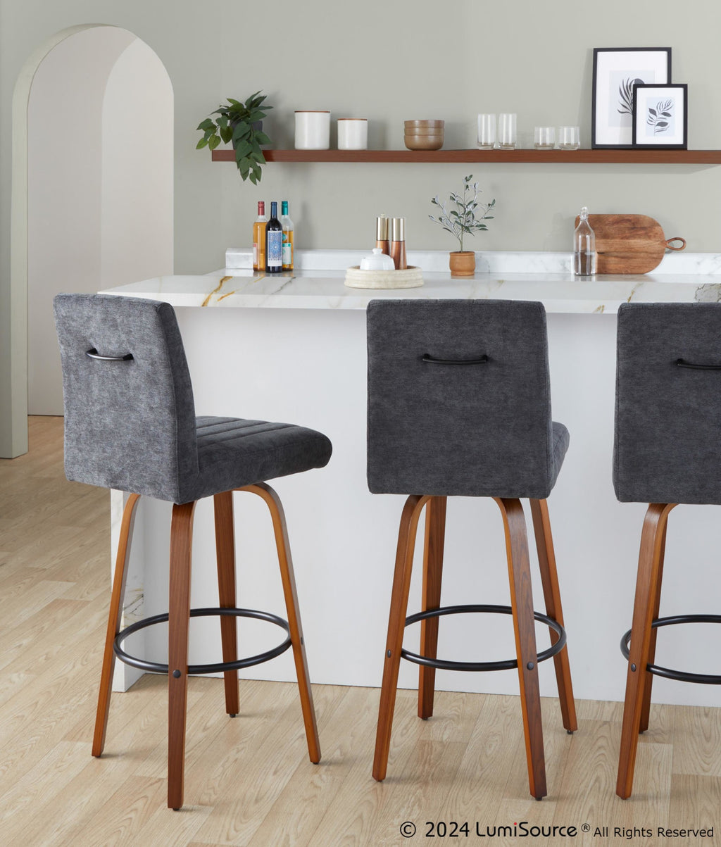 Hank 30" Fixed-Height Barstool - Set of 2 - Walnut Wood, Black Fabric, Black Metal