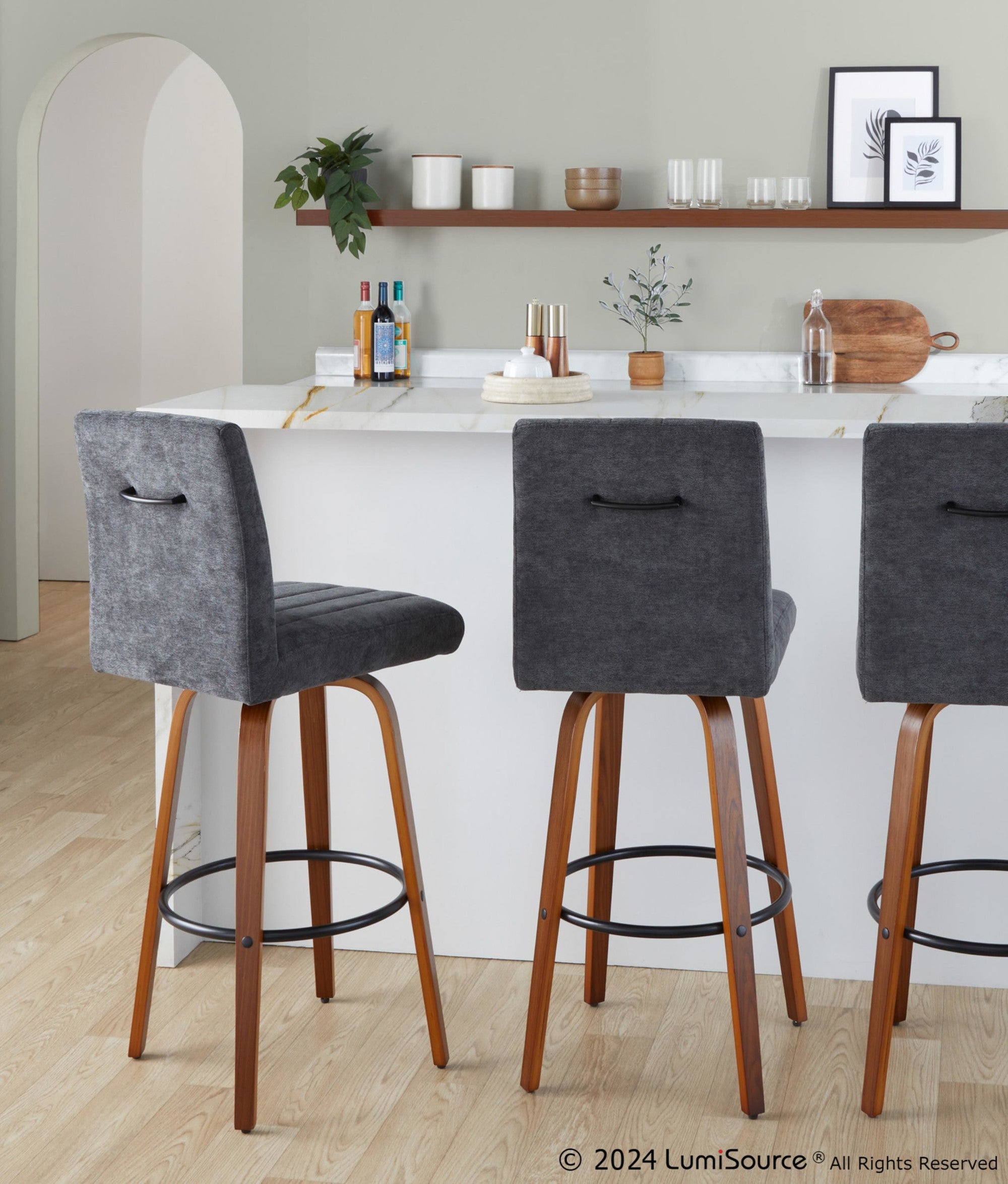 Hank 30" Fixed-Height Barstool - Set of 2 - Walnut Wood, Black Fabric, Black Metal