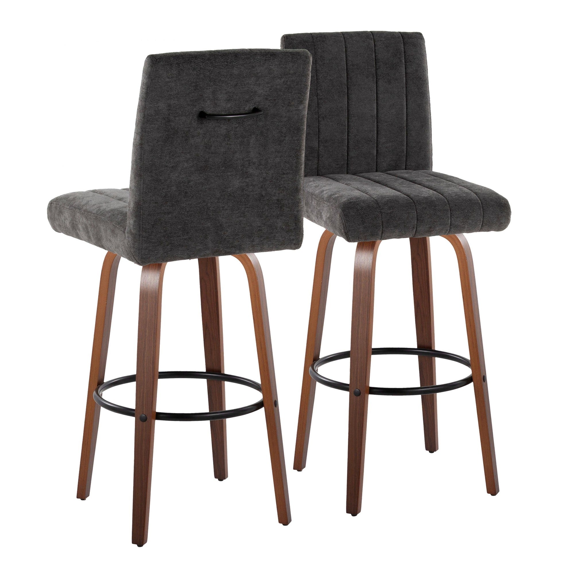 Hank 30" Fixed-Height Barstool - Set of 2 - Walnut Wood, Black Fabric, Black Metal