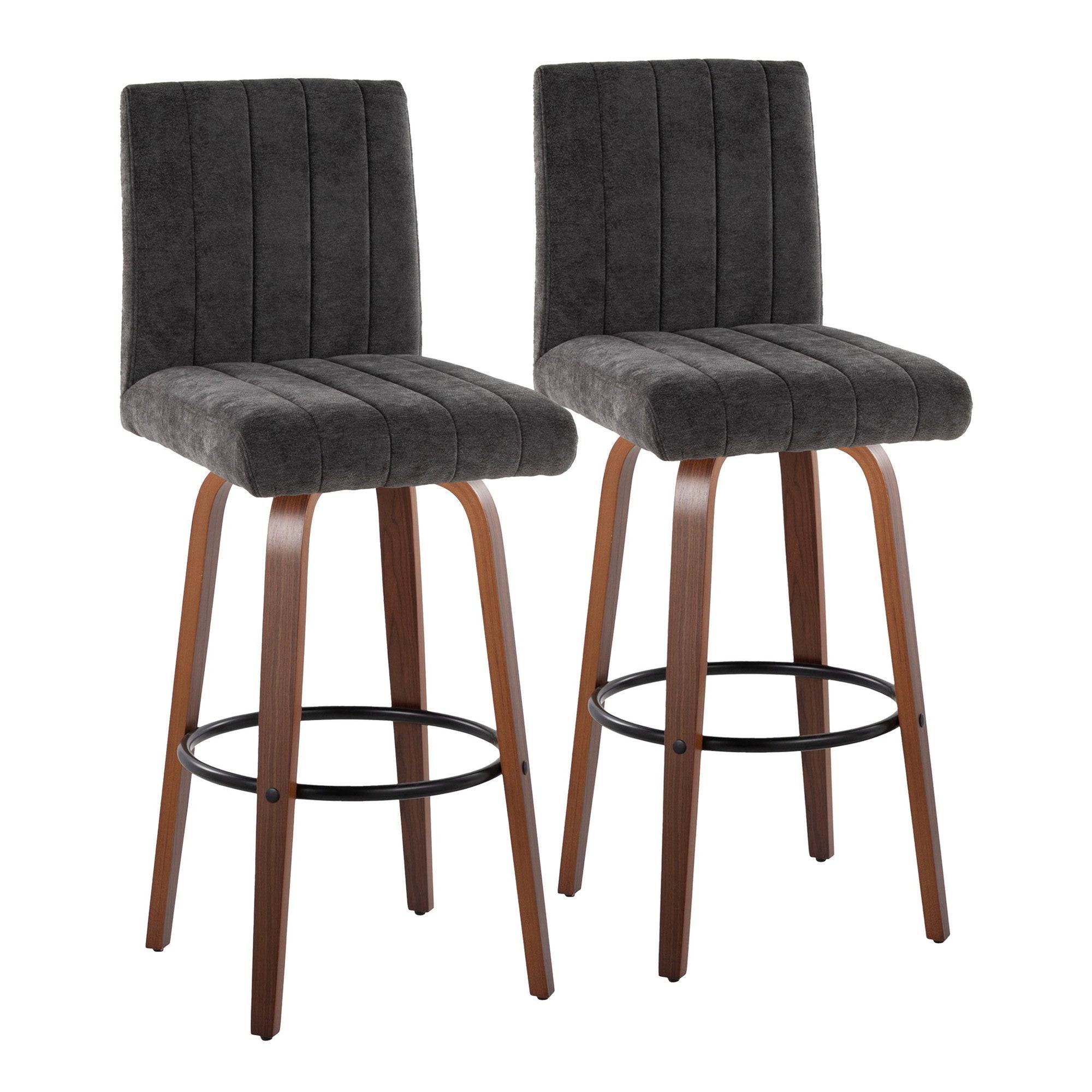 Hank 30" Fixed-Height Barstool - Set of 2 - Walnut Wood, Black Fabric, Black Metal