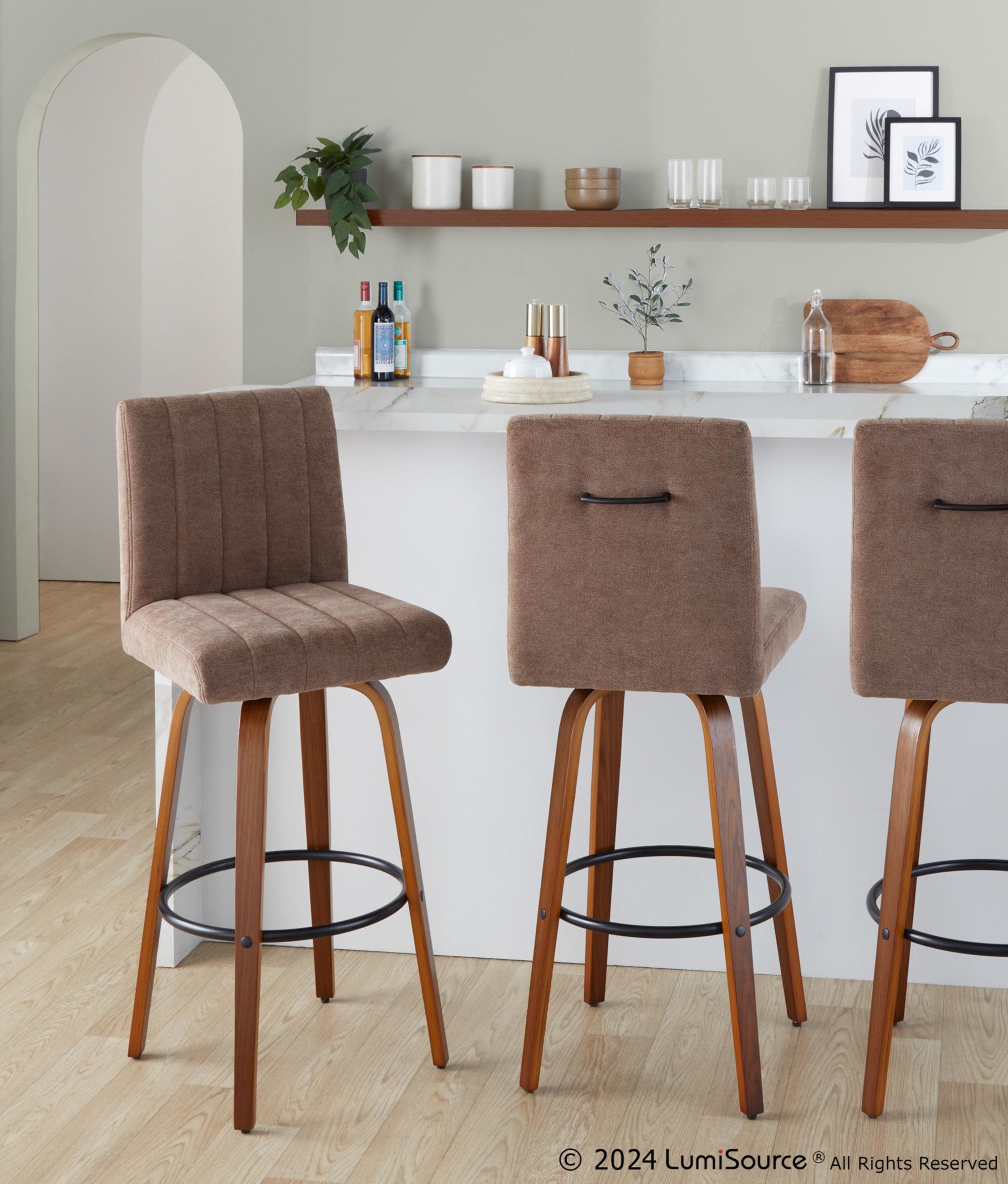 Hank 30" Fixed-Height Barstool - Set of 2 - Walnut Wood, Brown Fabric, Black Metal