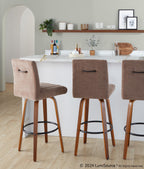 Hank 30" Fixed-Height Barstool - Set of 2 - Walnut Wood, Brown Fabric, Black Metal