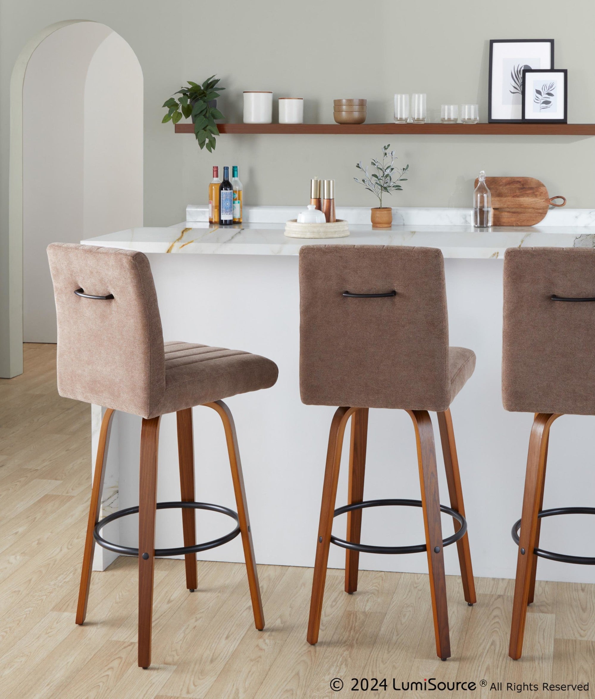 Hank 30" Fixed-Height Barstool - Set of 2 - Walnut Wood, Brown Fabric, Black Metal