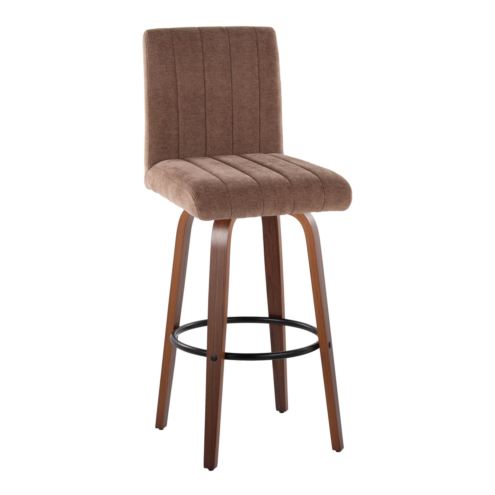Hank 30" Fixed-Height Barstool - Set of 2 - Walnut Wood, Brown Fabric, Black Metal