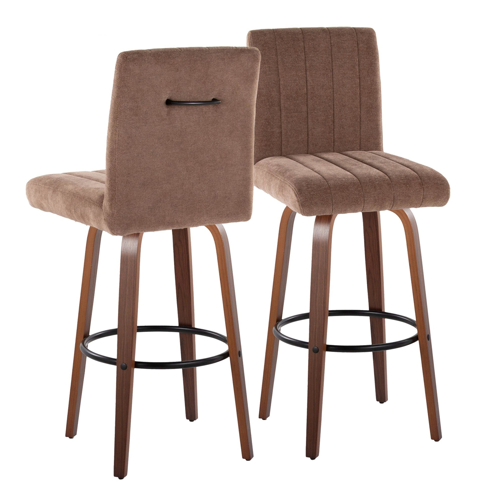 Hank 30" Fixed-Height Barstool - Set of 2 - Walnut Wood, Brown Fabric, Black Metal