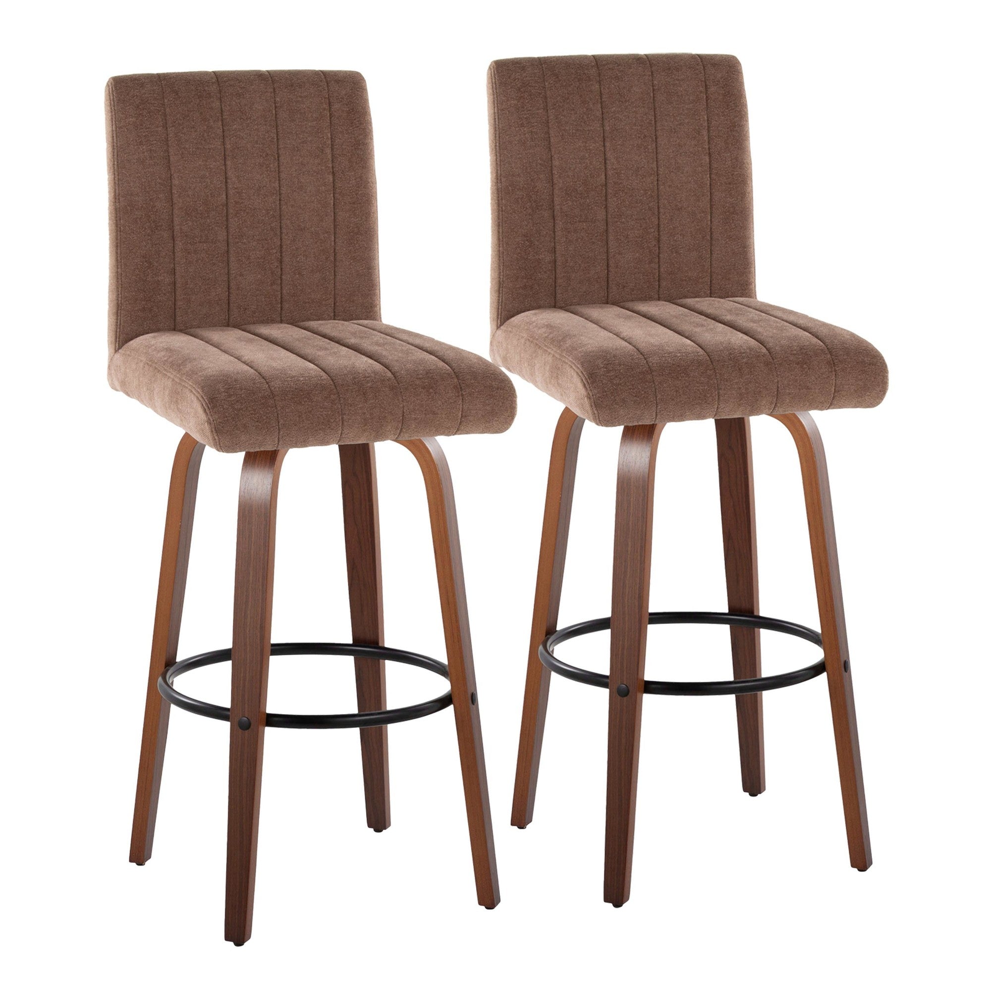 Hank 30" Fixed-Height Barstool - Set of 2 - Walnut Wood, Brown Fabric, Black Metal