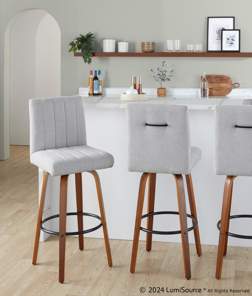 Hank 30" Fixed-Height Barstool - Set of 2 - Walnut Wood, Light Grey Fabric, Black Metal