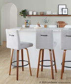 Hank 30" Fixed-Height Barstool - Set of 2 - Walnut Wood, Light Grey Fabric, Black Metal