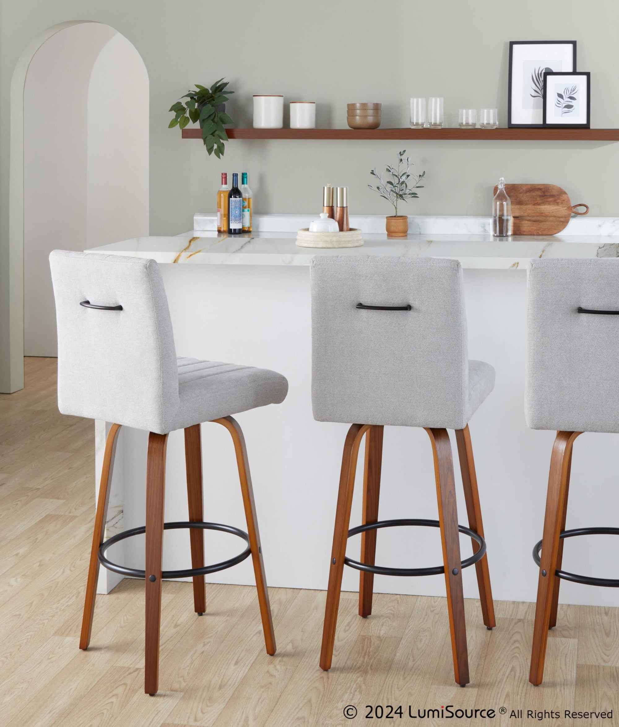Hank 30" Fixed-Height Barstool - Set of 2 - Walnut Wood, Light Grey Fabric, Black Metal