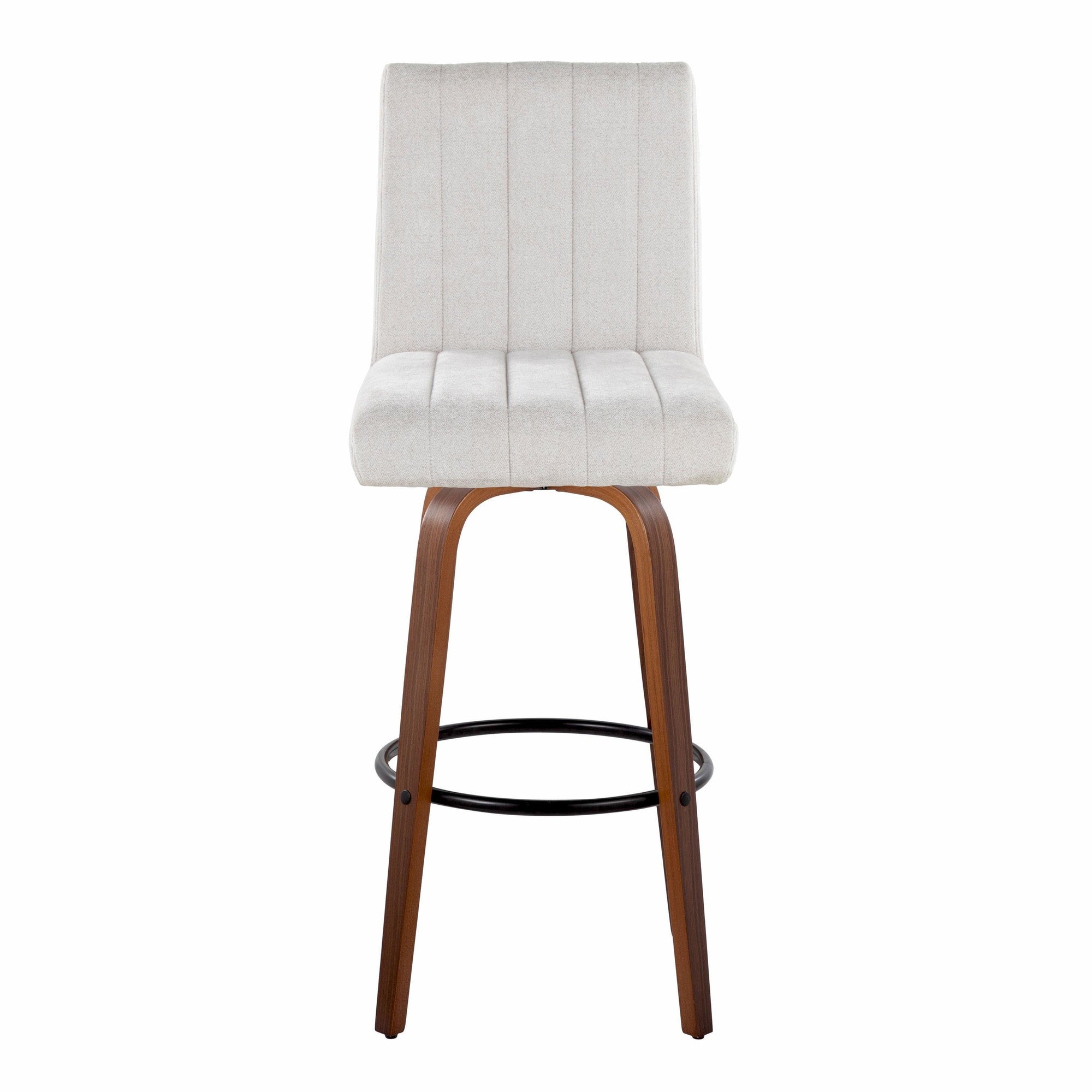 Hank 30" Fixed-Height Barstool - Set of 2 - Walnut Wood, Light Grey Fabric, Black Metal
