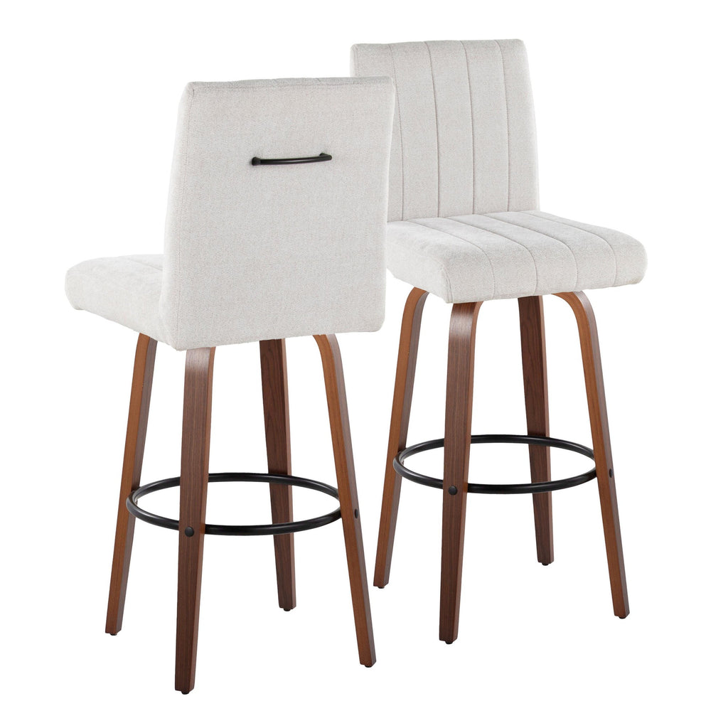 Hank 30" Fixed-Height Barstool - Set of 2 - Walnut Wood, Light Grey Fabric, Black Metal