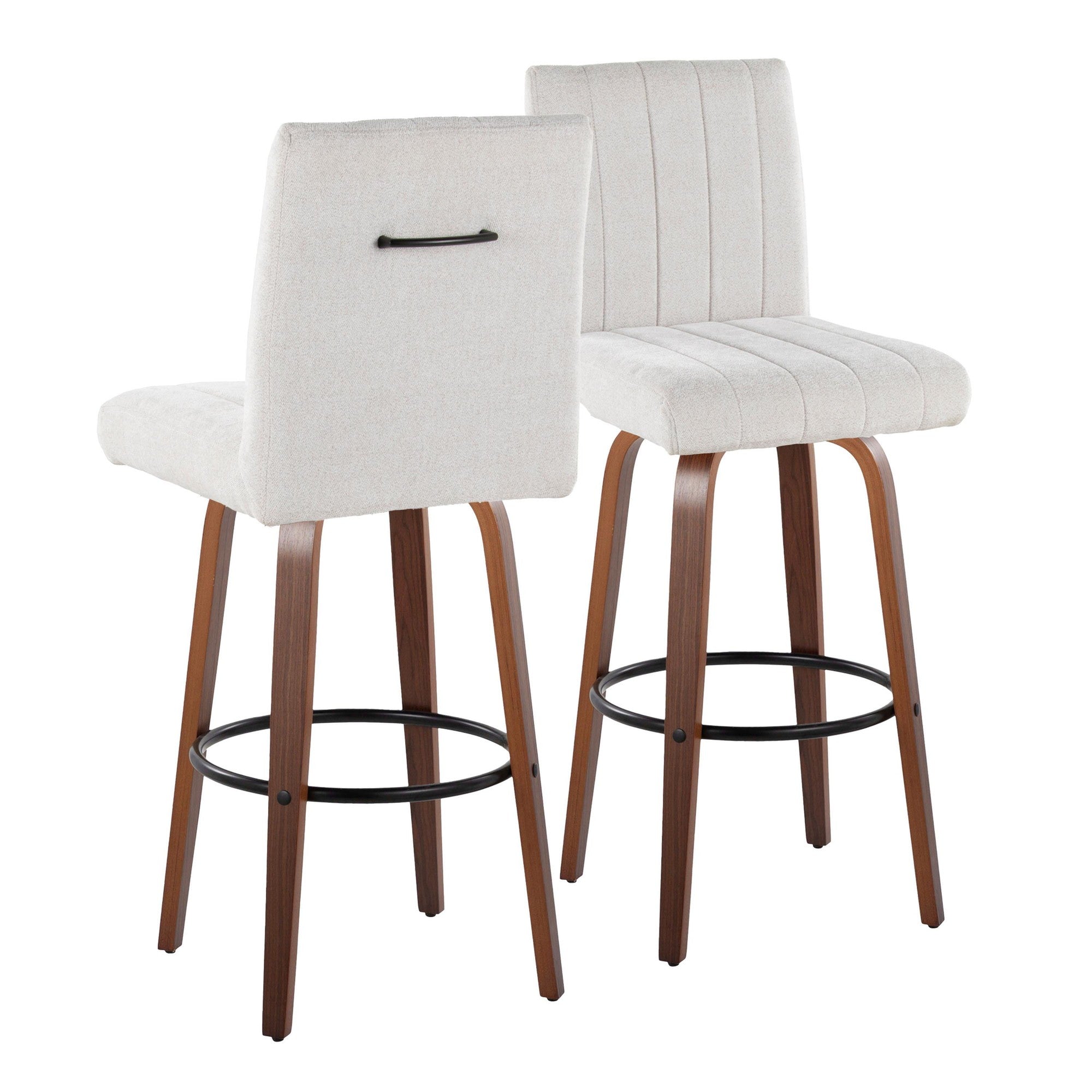 Hank 30" Fixed-Height Barstool - Set of 2 - Walnut Wood, Light Grey Fabric, Black Metal