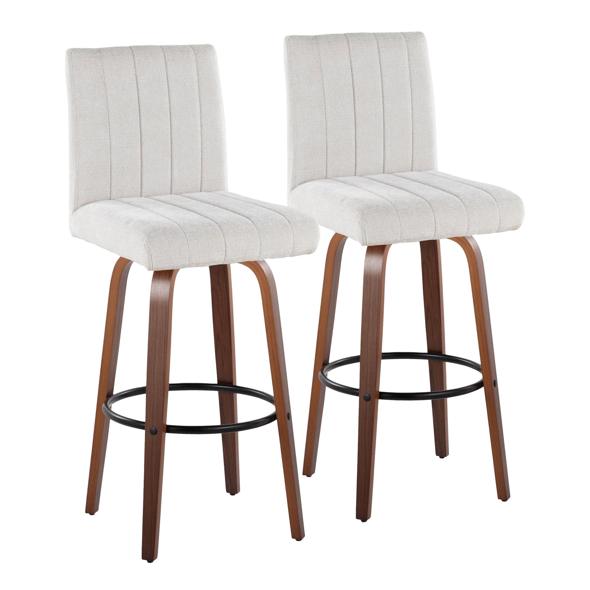 Hank 30" Fixed-Height Barstool - Set of 2 - Walnut Wood, Light Grey Fabric, Black Metal