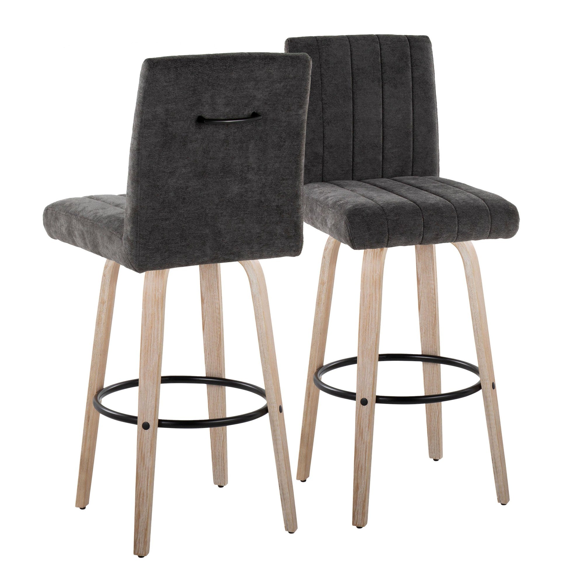 Hank 30" Fixed-Height Barstool - Set of 2 - Whitewashed Wood, Black Fabric, Black Metal
