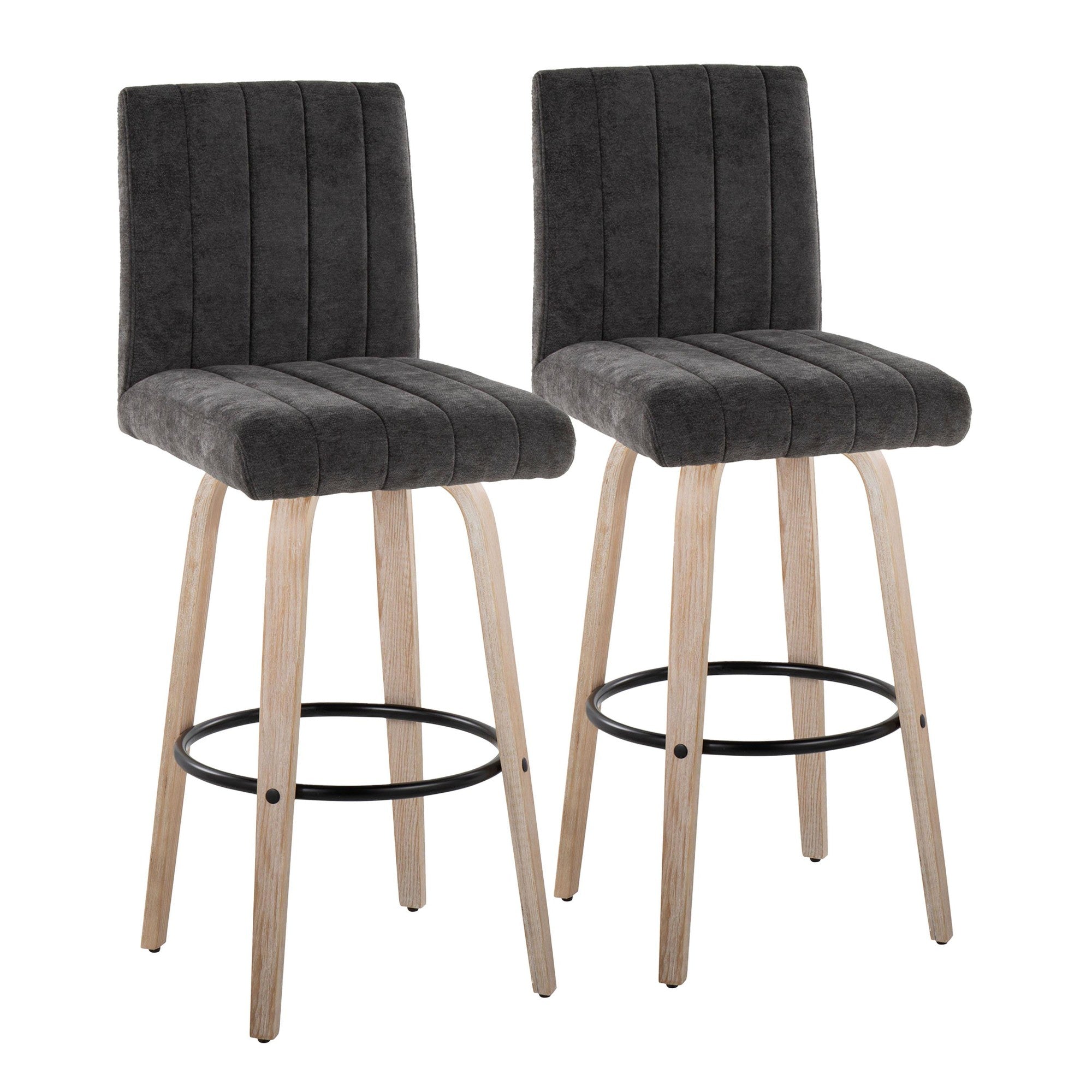 Hank 30" Fixed-Height Barstool - Set of 2 - Whitewashed Wood, Black Fabric, Black Metal
