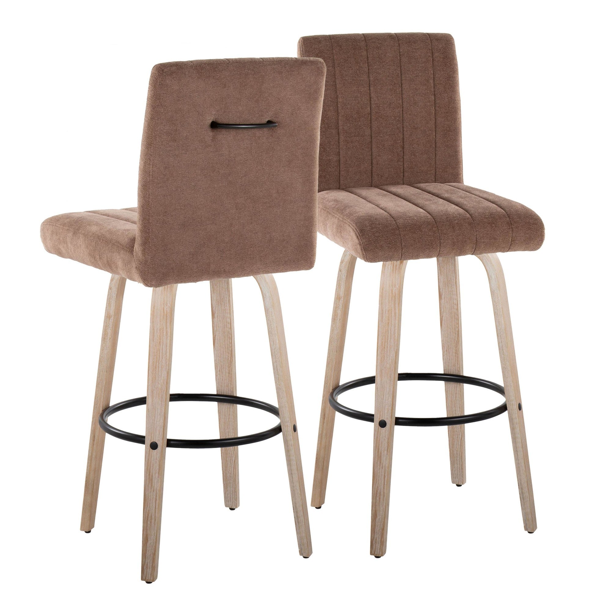 Hank 30" Fixed-Height Barstool - Set of 2 - Whitewashed Wood, Brown Fabric, Black Metal