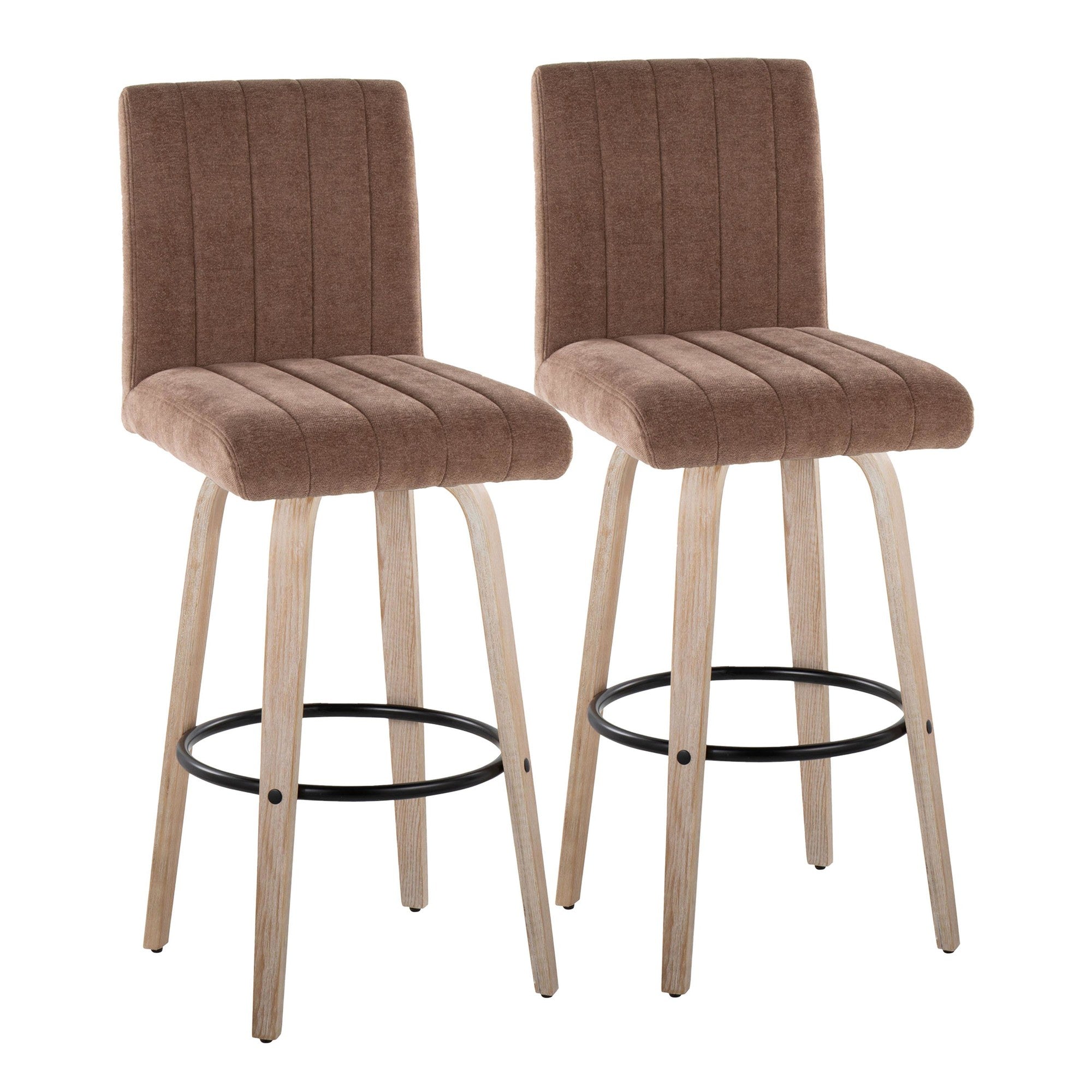 Hank 30" Fixed-Height Barstool - Set of 2 - Whitewashed Wood, Brown Fabric, Black Metal