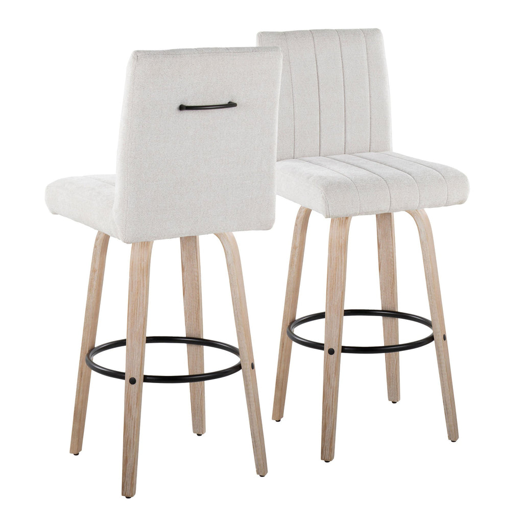 Hank 30" Fixed-Height Barstool - Set of 2 - Whitewashed Wood, Light Grey Fabric, Black Metal