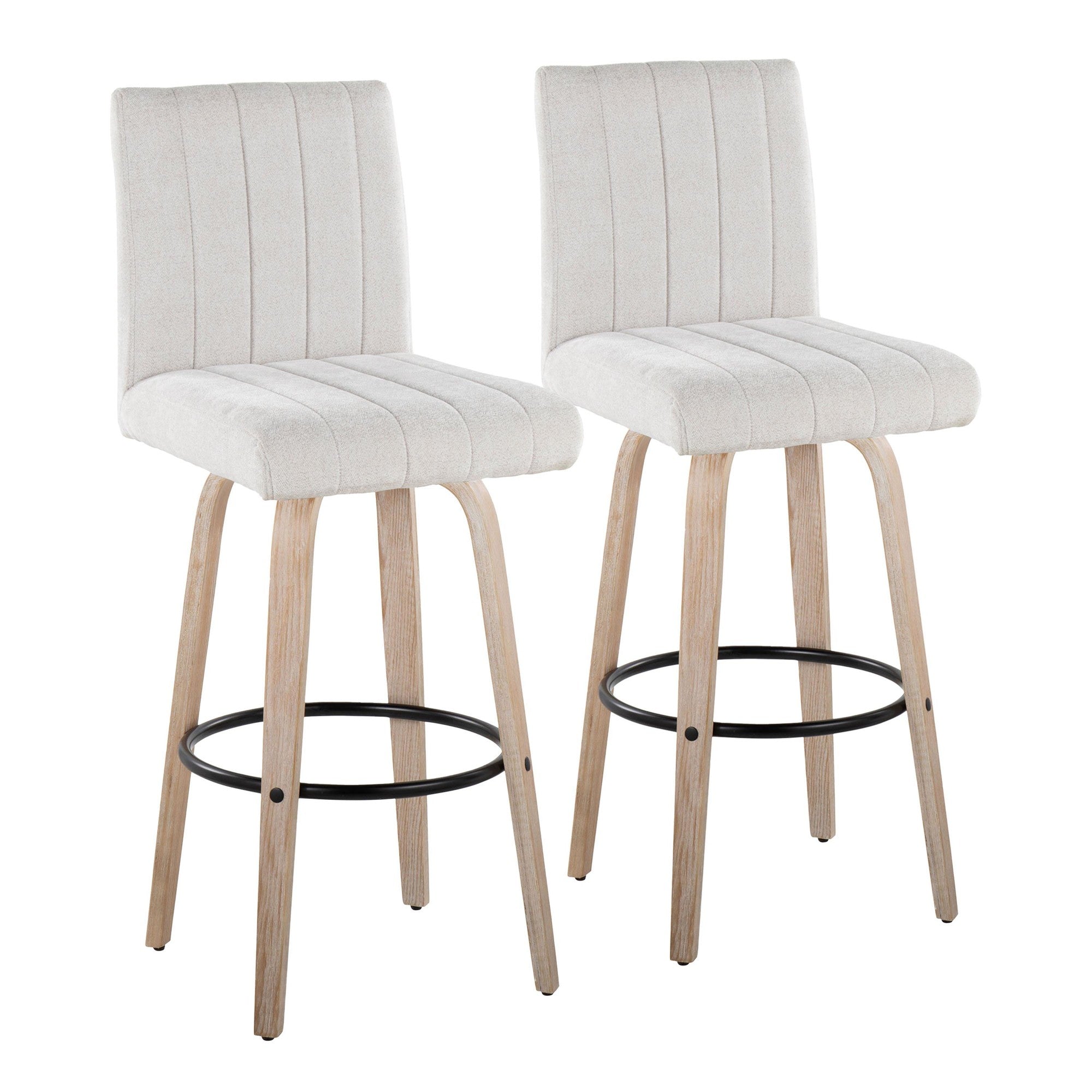 Hank 30" Fixed-Height Barstool - Set of 2 - Whitewashed Wood, Light Grey Fabric, Black Metal