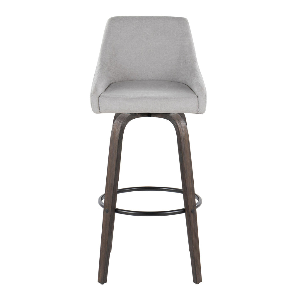 Hannah 30" Fixed-Height Barstool - Set of 2 - Walnut Glazed Wood, Grey Fabric, Black Metal