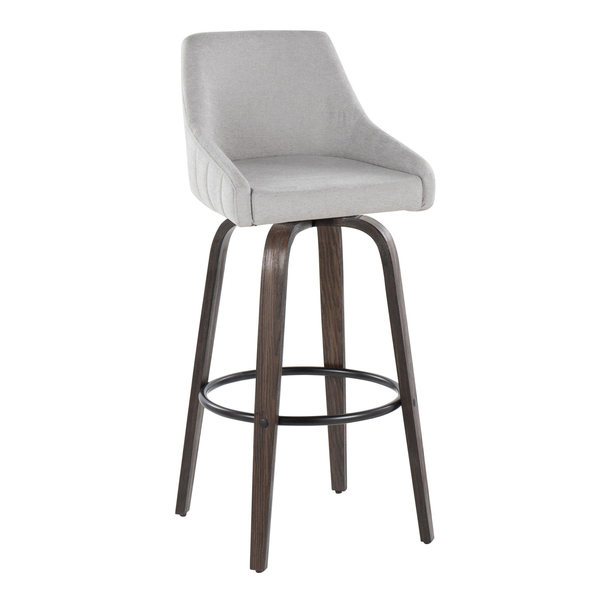 Hannah 30" Fixed-Height Barstool - Set of 2 - Walnut Glazed Wood, Grey Fabric, Black Metal