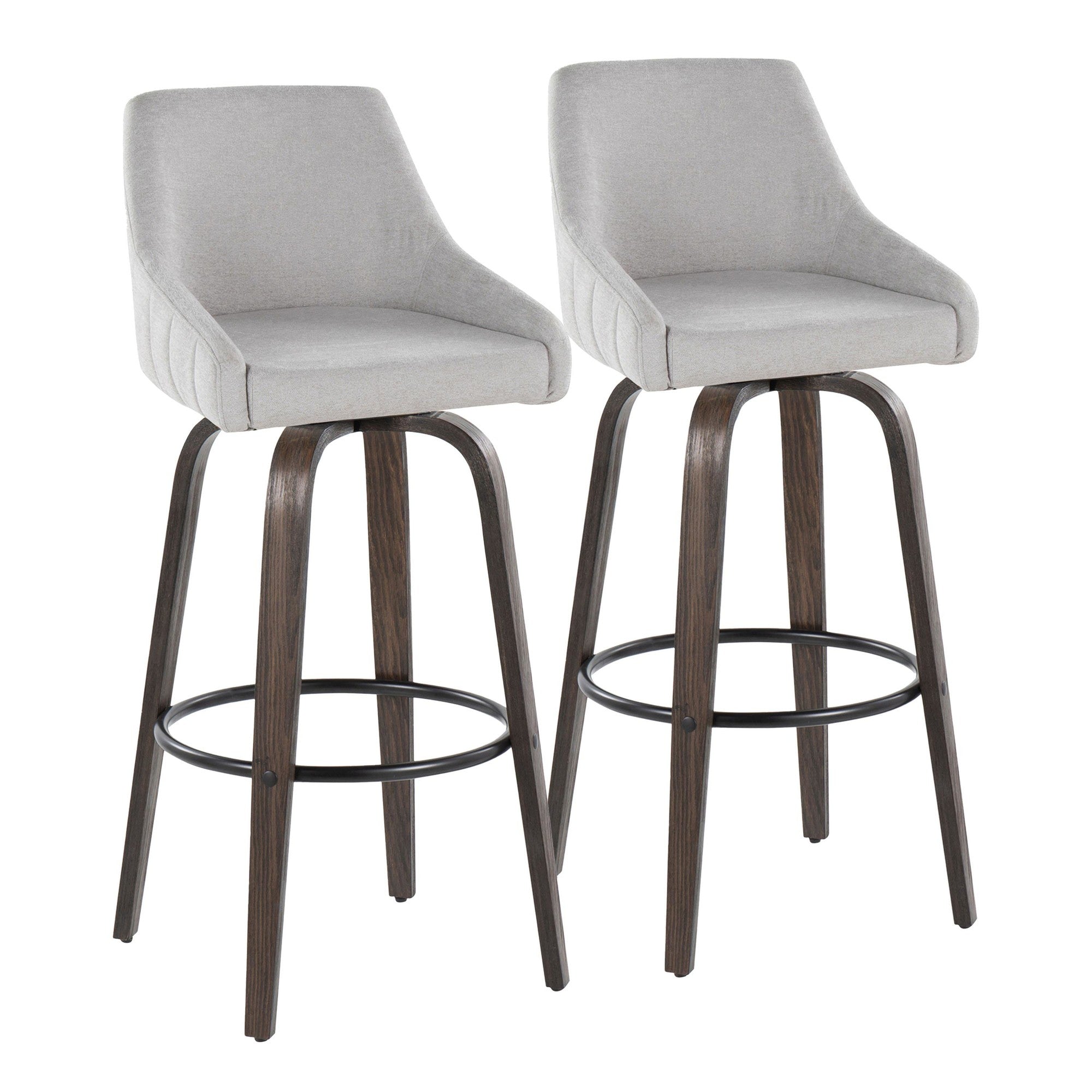 Hannah 30" Fixed-Height Barstool - Set of 2 - Walnut Glazed Wood, Grey Fabric, Black Metal
