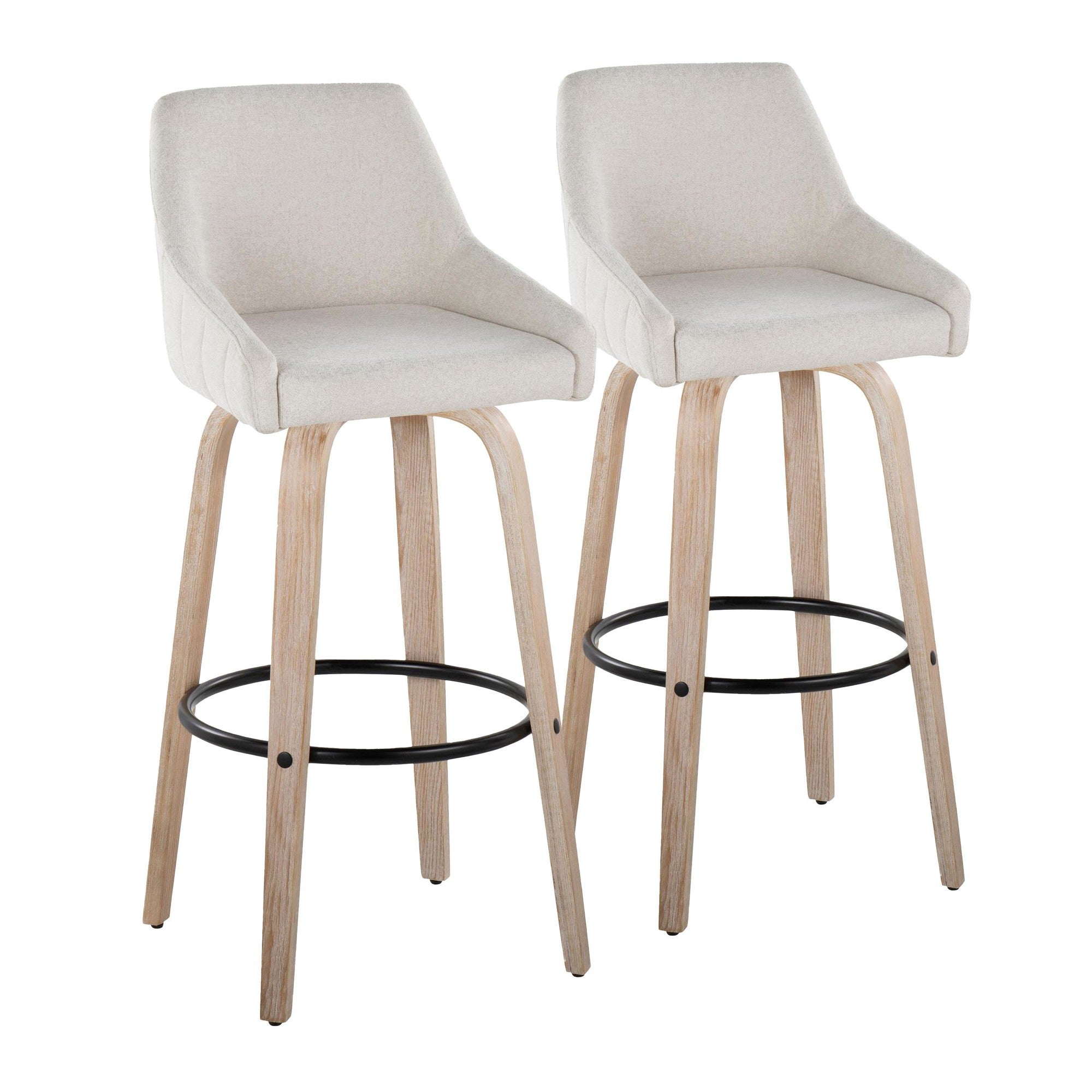 Hannah 30" Fixed-Height Barstool - Set of 2 - Whitewashed Wood, Cream Fabric, Black Metal